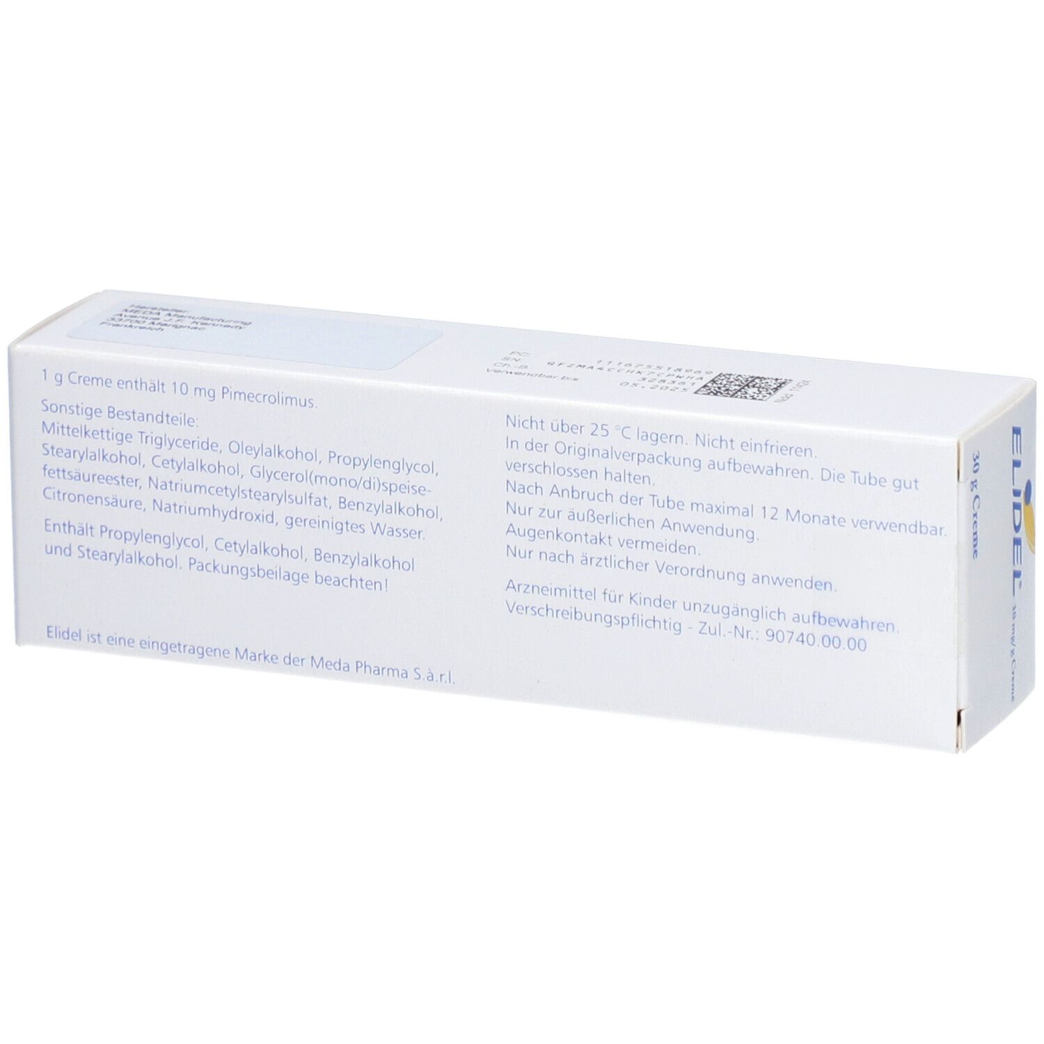 ELIDEL® 10 mg/g Creme-Verpackung. Rückseite mit Inhaltsstoffen und Herstellerinformationen. Text: ELIDEL, MEDA.