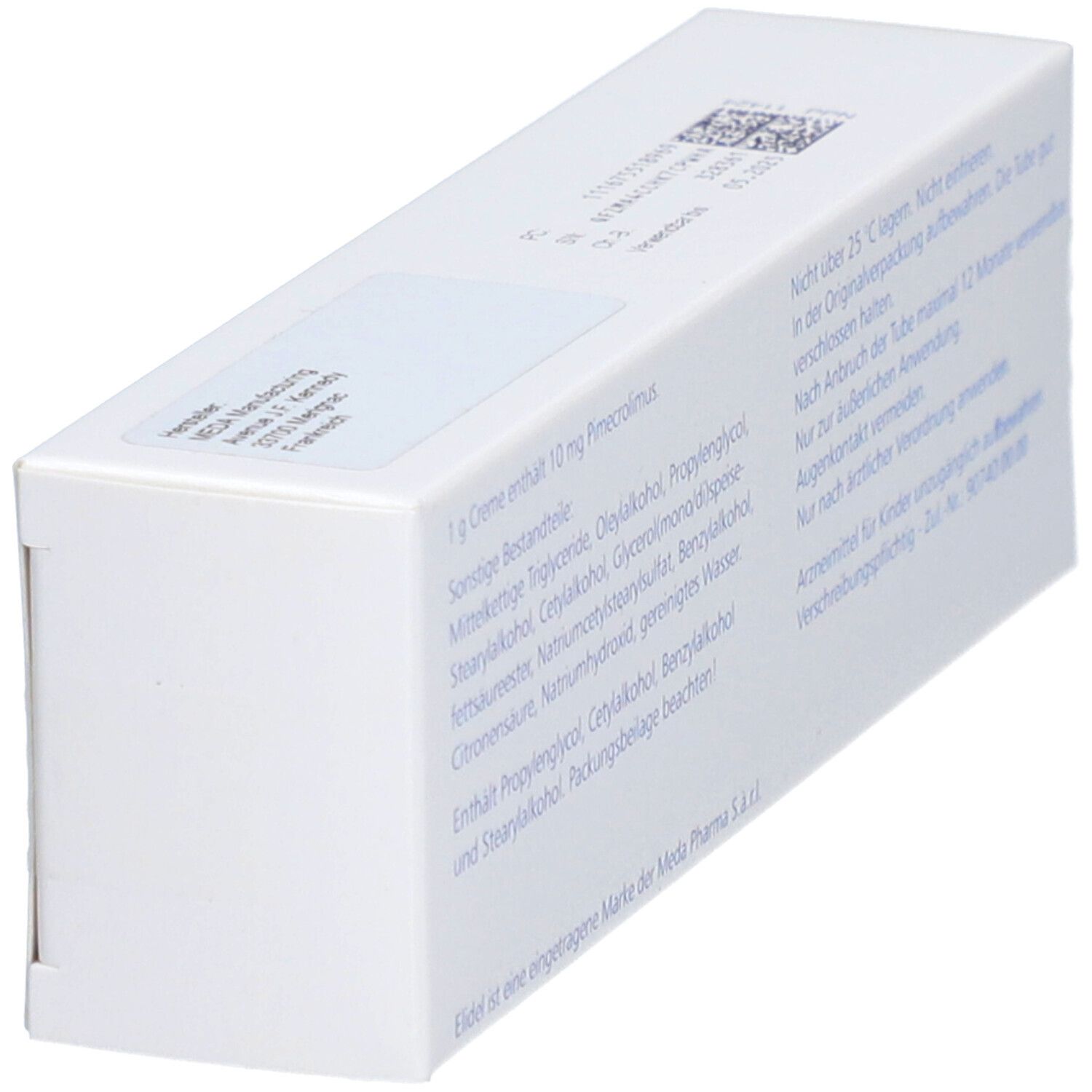 ELIDEL® 10 mg/g Creme-Verpackung. Rückseite mit Inhaltsstoffen und Herstellerinformationen. Text: ELIDEL, MEDA.