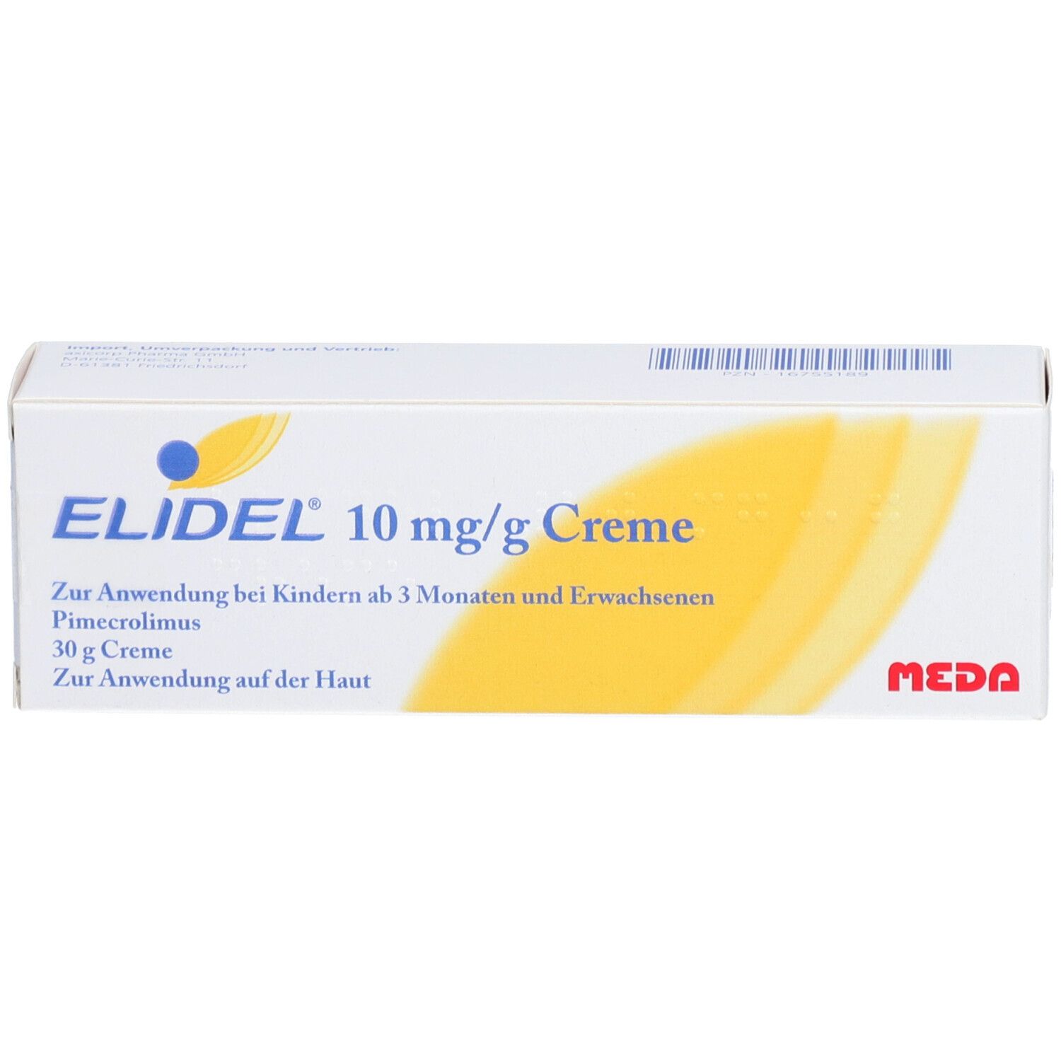 ELIDEL® 10 mg/g Creme-Verpackung. Weißer Karton mit gelbem Design. Text: ELIDEL, 10 mg/g Creme, MEDA.