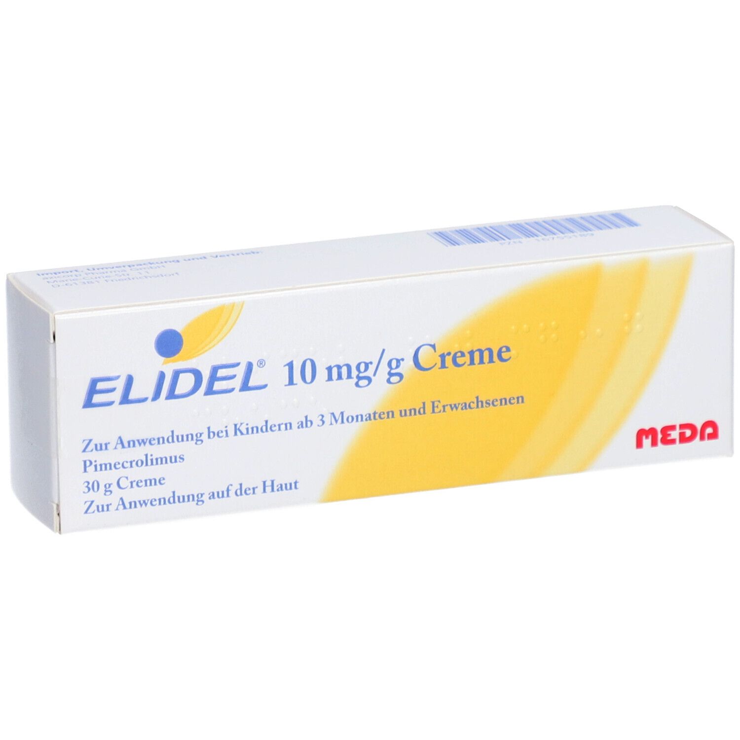 ELIDEL® 10 mg/g Creme-Verpackung. Weißer Karton mit gelbem Design. Text: ELIDEL, 10 mg/g Creme, MEDA.