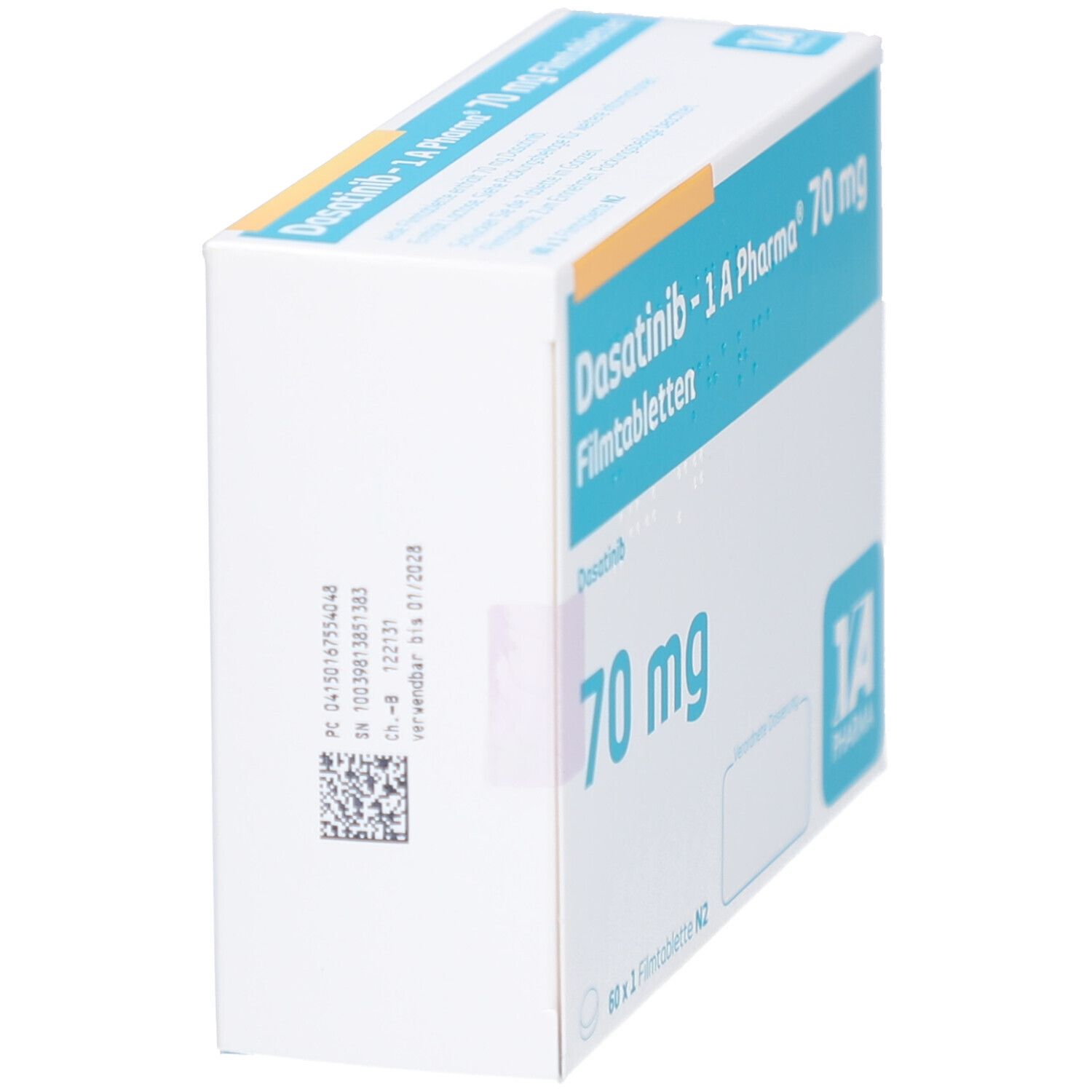 Schachtel Dasatinib-1 A Pharma 70 mg Filmtabletten. Seitenansicht mit Produktinformationen und Barcode.