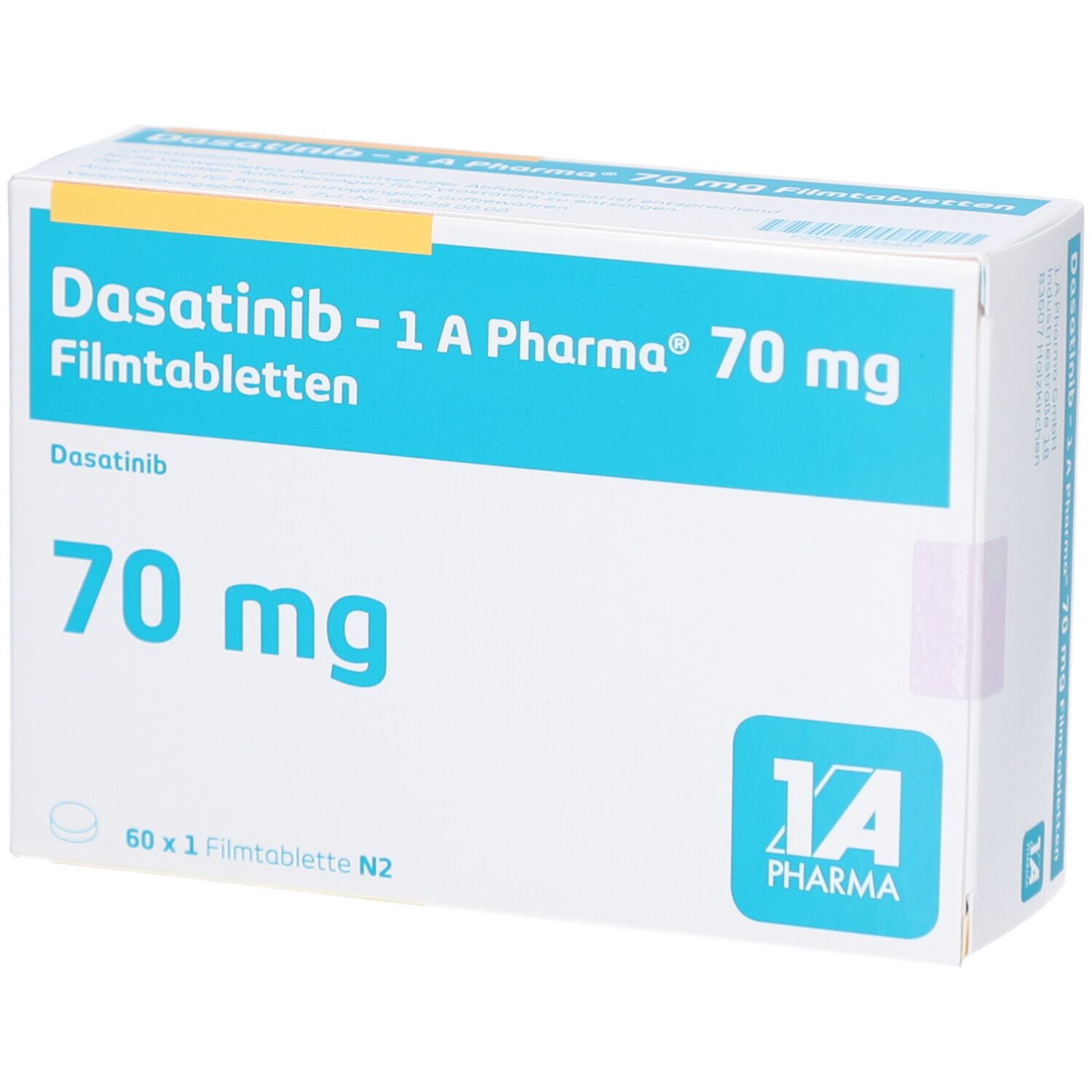 Schachtel mit Dasatinib-1 A Pharma 70 mg Filmtabletten. Blaue und weiße Verpackung mit Produktinformationen und Logo.