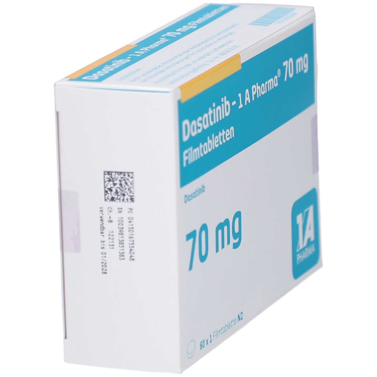 Schachtel Dasatinib-1 A Pharma 70 mg Filmtabletten. Seitenansicht mit Produktinformationen und Barcode.