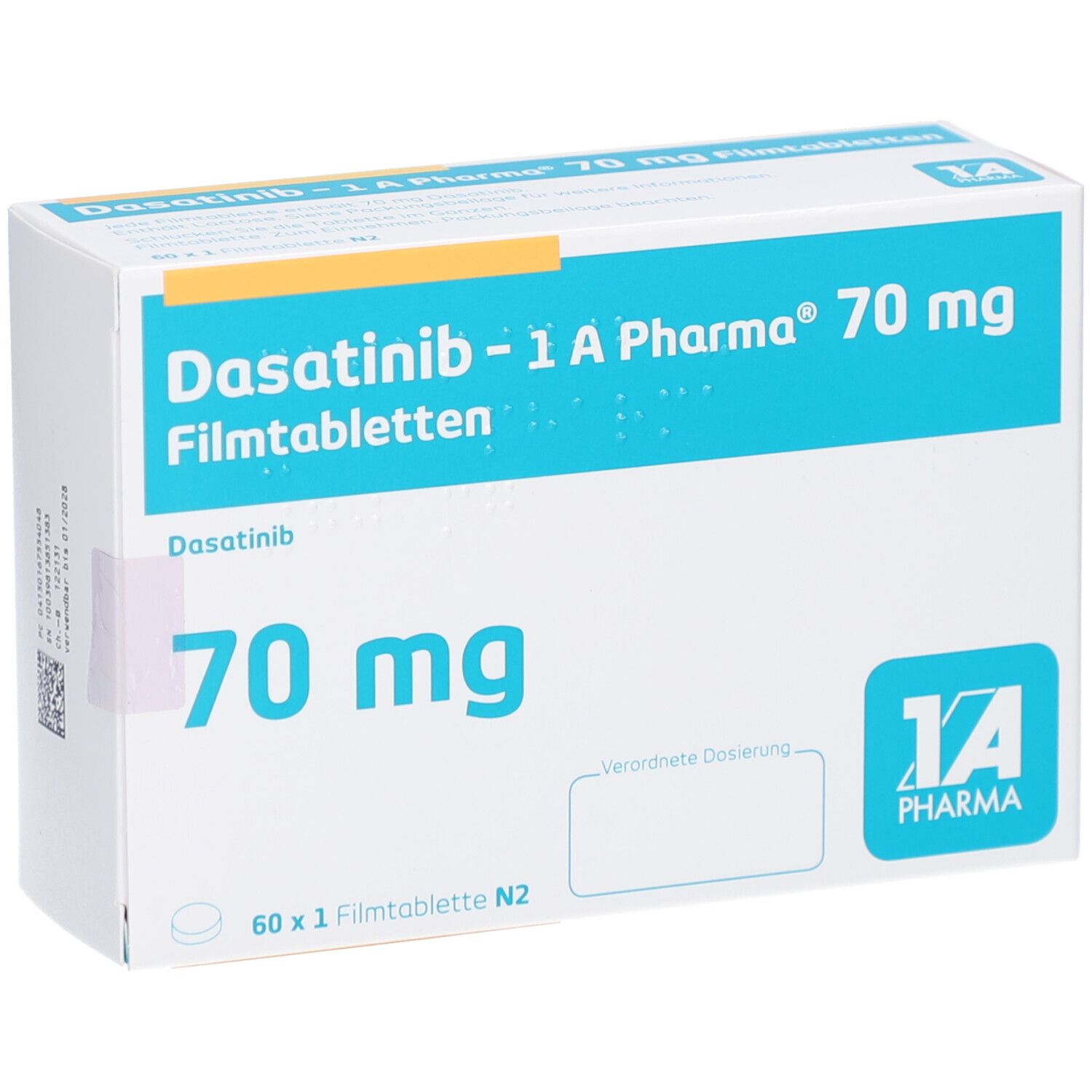Schachtel mit Dasatinib-1 A Pharma 70 mg Filmtabletten. Blaue und weiße Verpackung mit Produktinformationen und Logo.