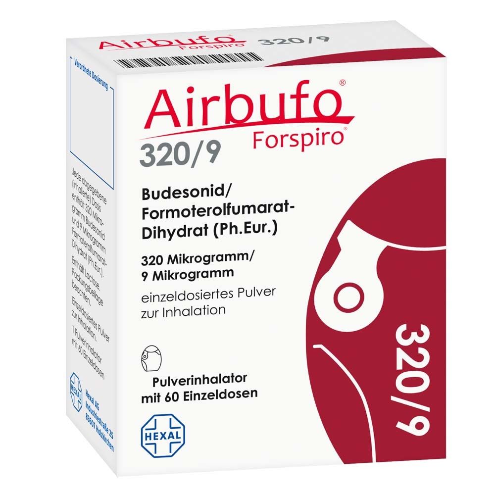 Weiße Schachtel mit roter Schrift: Airbufo Forspiro 320/9. Enthält 60 Einzeldosen. Herstellerlogo.