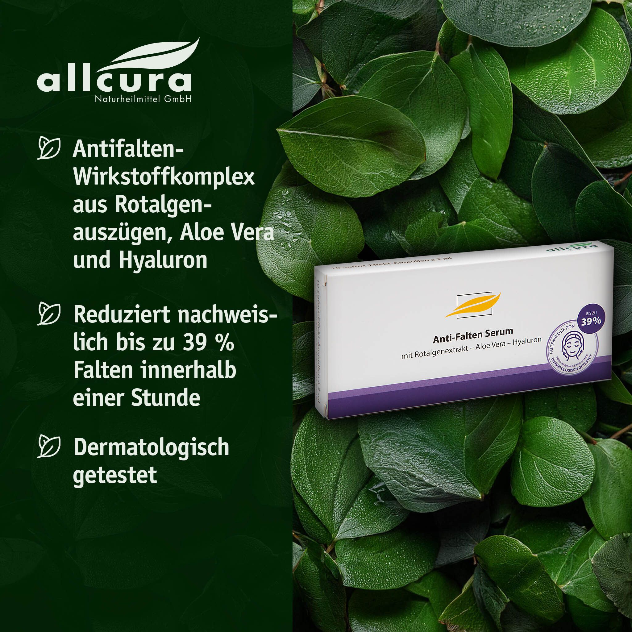 Produktverpackung vor grünem Hintergrund. Text: Anti-Falten Wirkstoffkomplex, reduziert Falten um 39%, dermatologisch getestet.