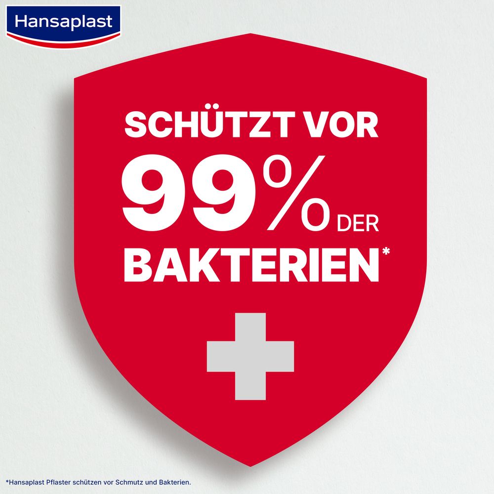 Rotes Schild mit weißem Kreuz. Text: Schützt vor 99% der Bakterien. Hansaplast Logo.