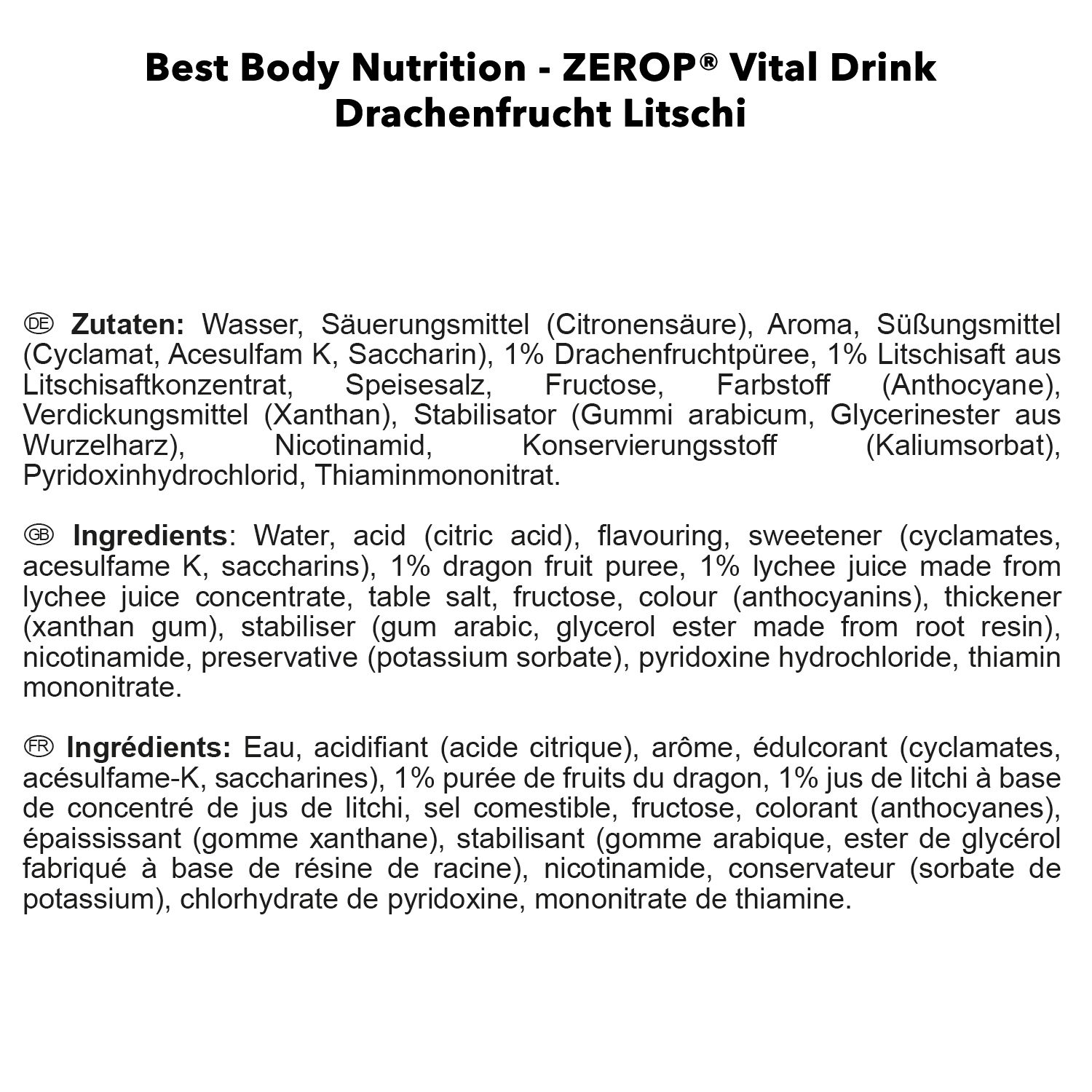 BEST BODY NUTRITION VITAL DRINK ZEROP® DRACHENFRUCHT-LITSCHI