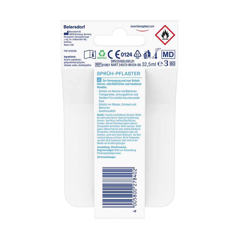 Rückseite der Verpackung von Hansaplast Sprühpflaster. Informationen zu Inhaltsstoffen, Anwendung und Warnhinweisen.