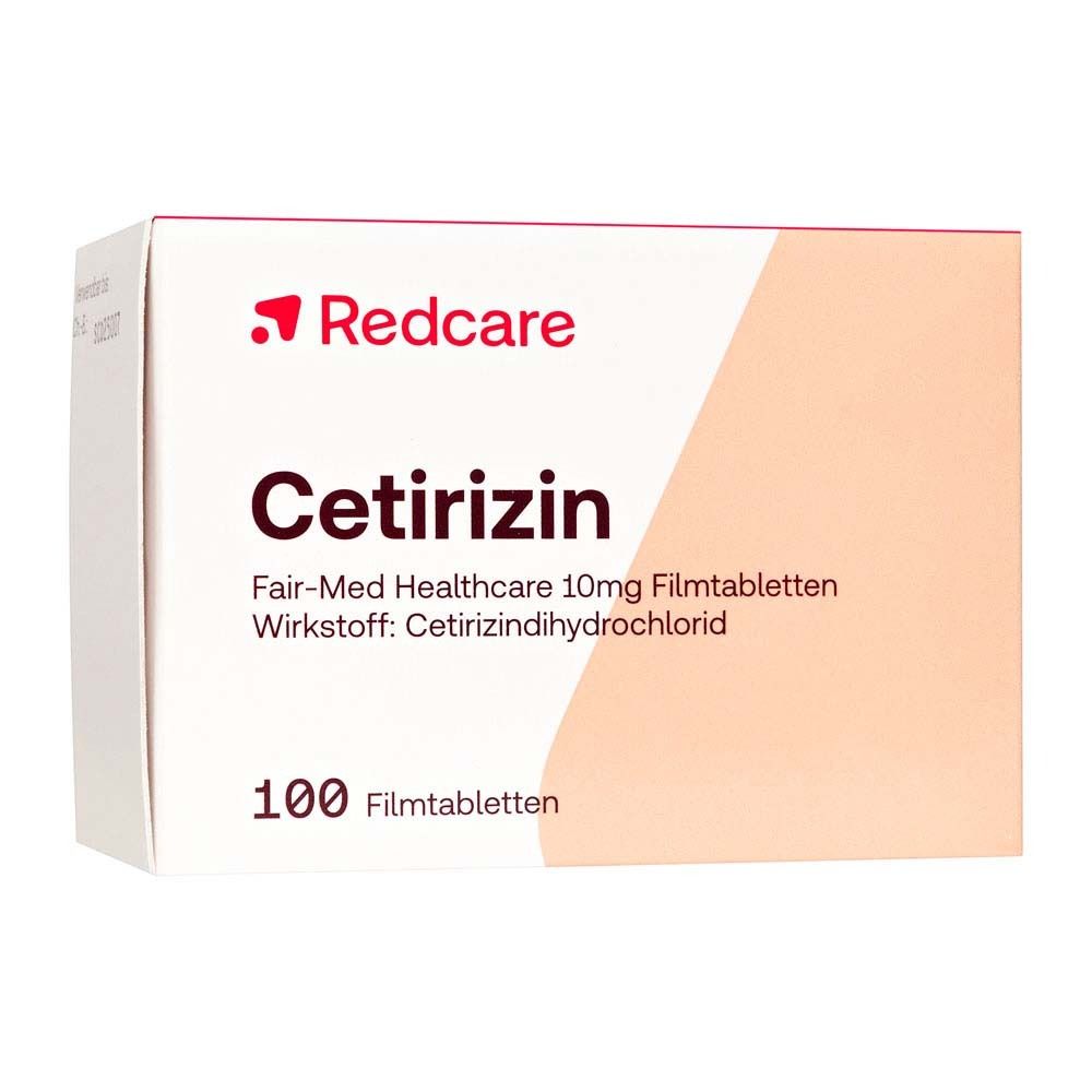 Weiße Schachtel mit rotem Deckel. Aufschrift: Redcare Cetirizin, 100 Filmtabletten. Enthält 10mg Cetirizindihydrochlorid.
