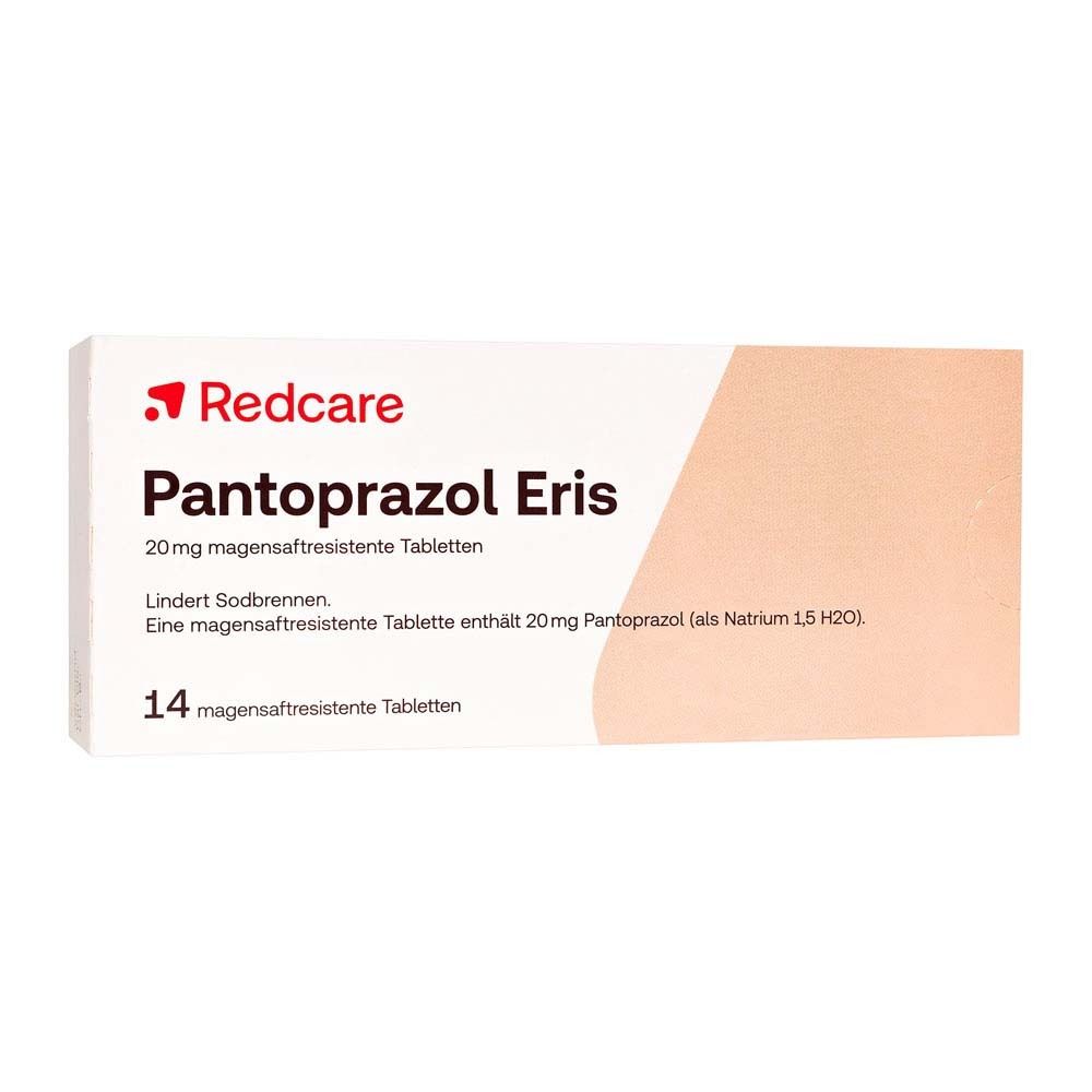 Schachtel mit Redcare Pantoprazol Eris, 14 magensaftresistente Tabletten. Aufdruck: 20mg, lindert Sodbrennen.