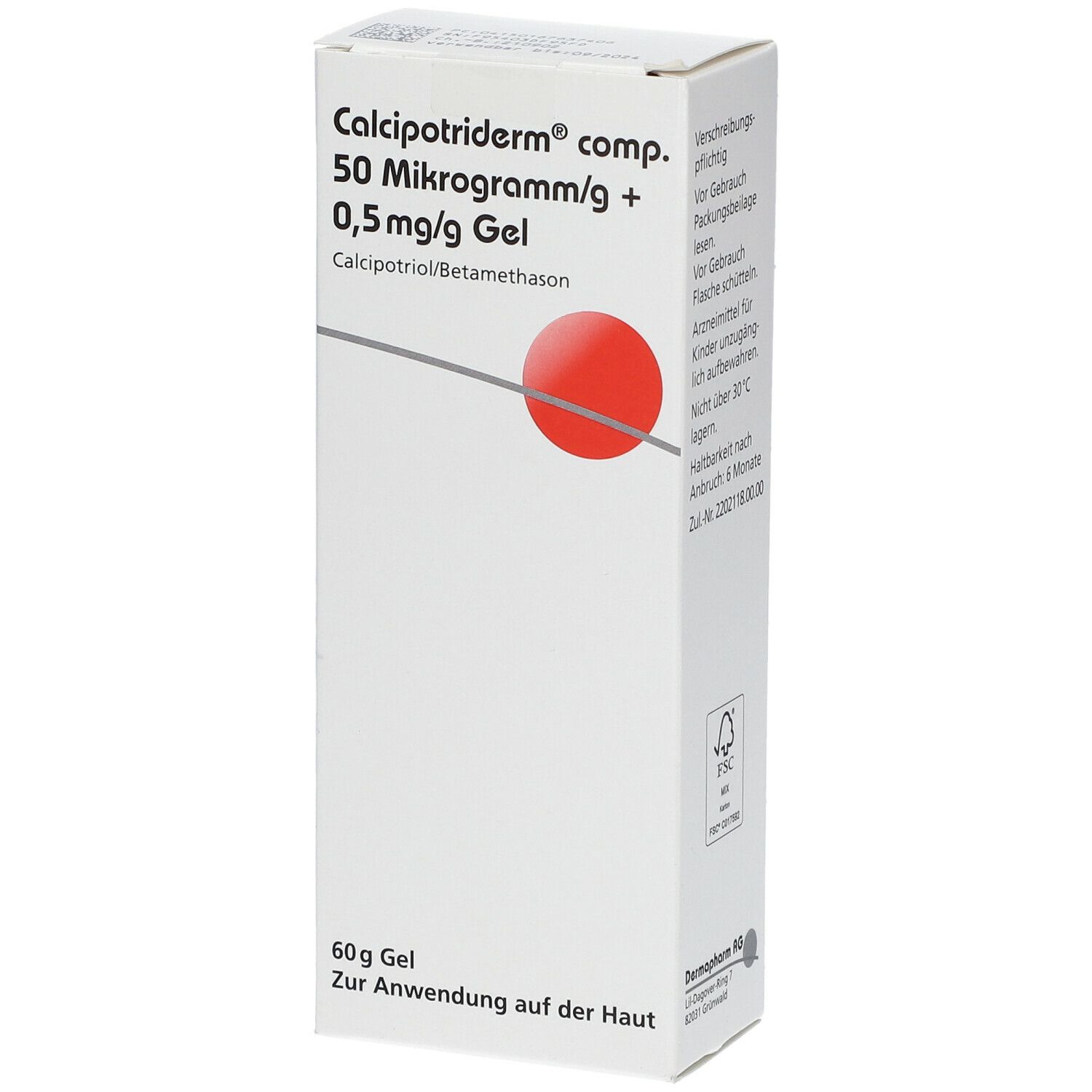 Weiße Schachtel mit Text. Aufdruck: Calcipotriderm comp. 50 Mikrogramm/g + 0,5 mg/g Gel. Roter Kreis. 60g Gel.