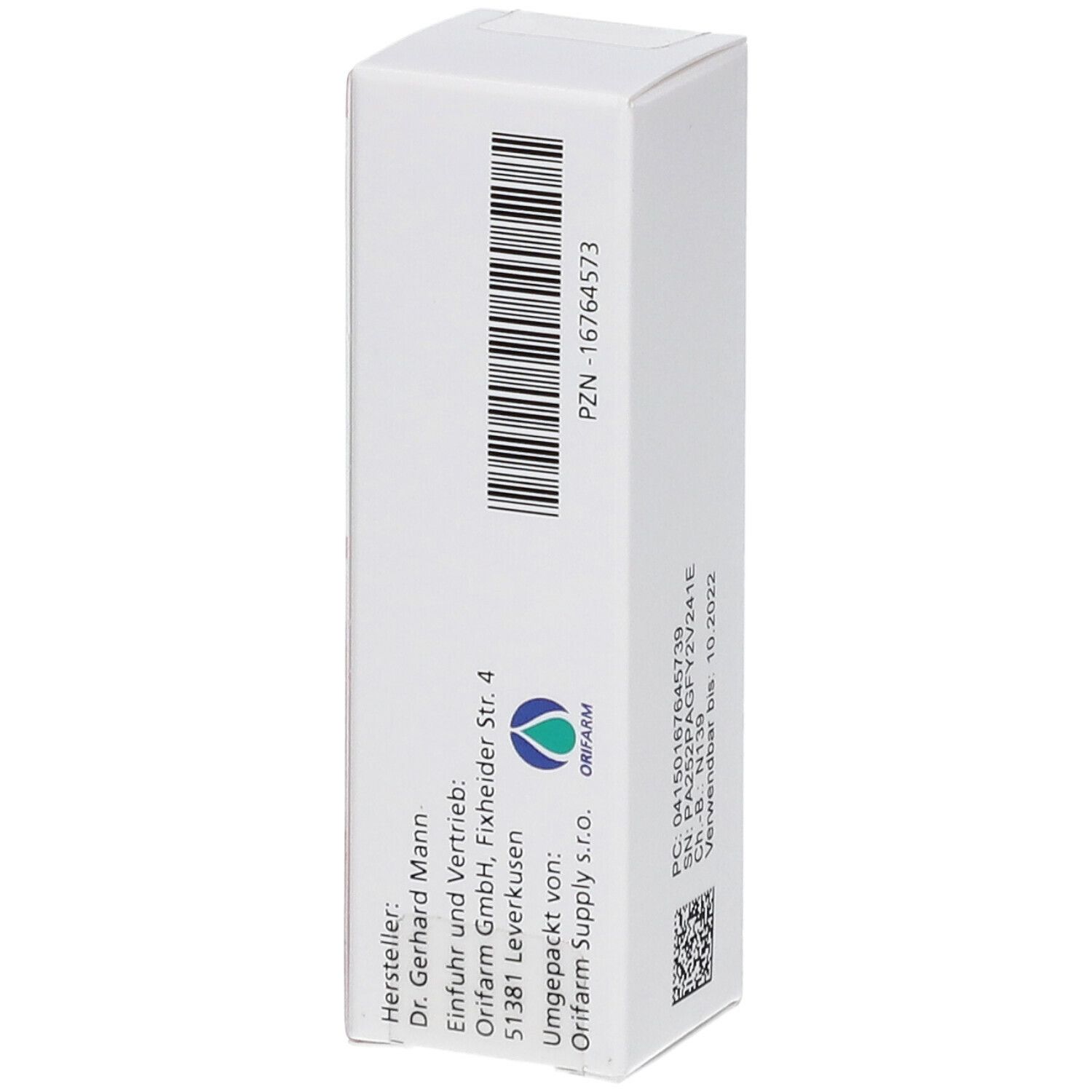 Rückseite der Floxal-Verpackung. Barcode, Hersteller- und Vertriebsinformationen. PZN-16764573.