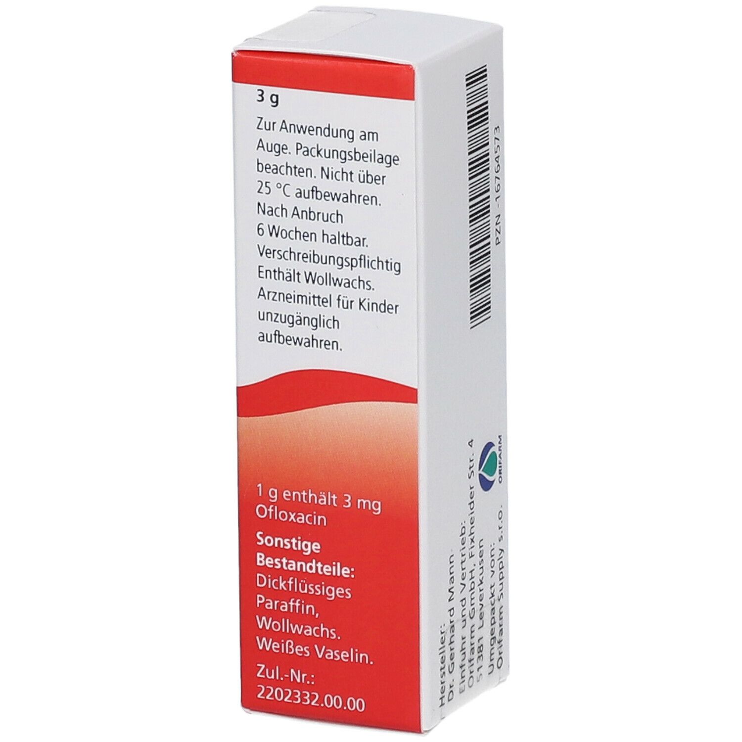 Seite der Floxal-Verpackung. Textinformationen zur Anwendung und Inhaltsstoffe. Hersteller- und Vertriebsinformationen.