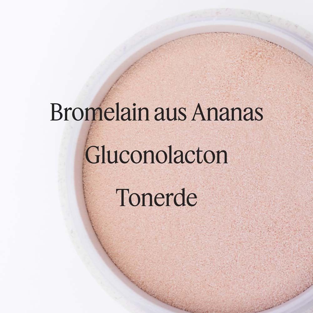 Geöffnete Dose mit SANTAVERDE enzyme peeling powder. Text: Bromelain aus Ananas, Gluconolacton, Tonerde.