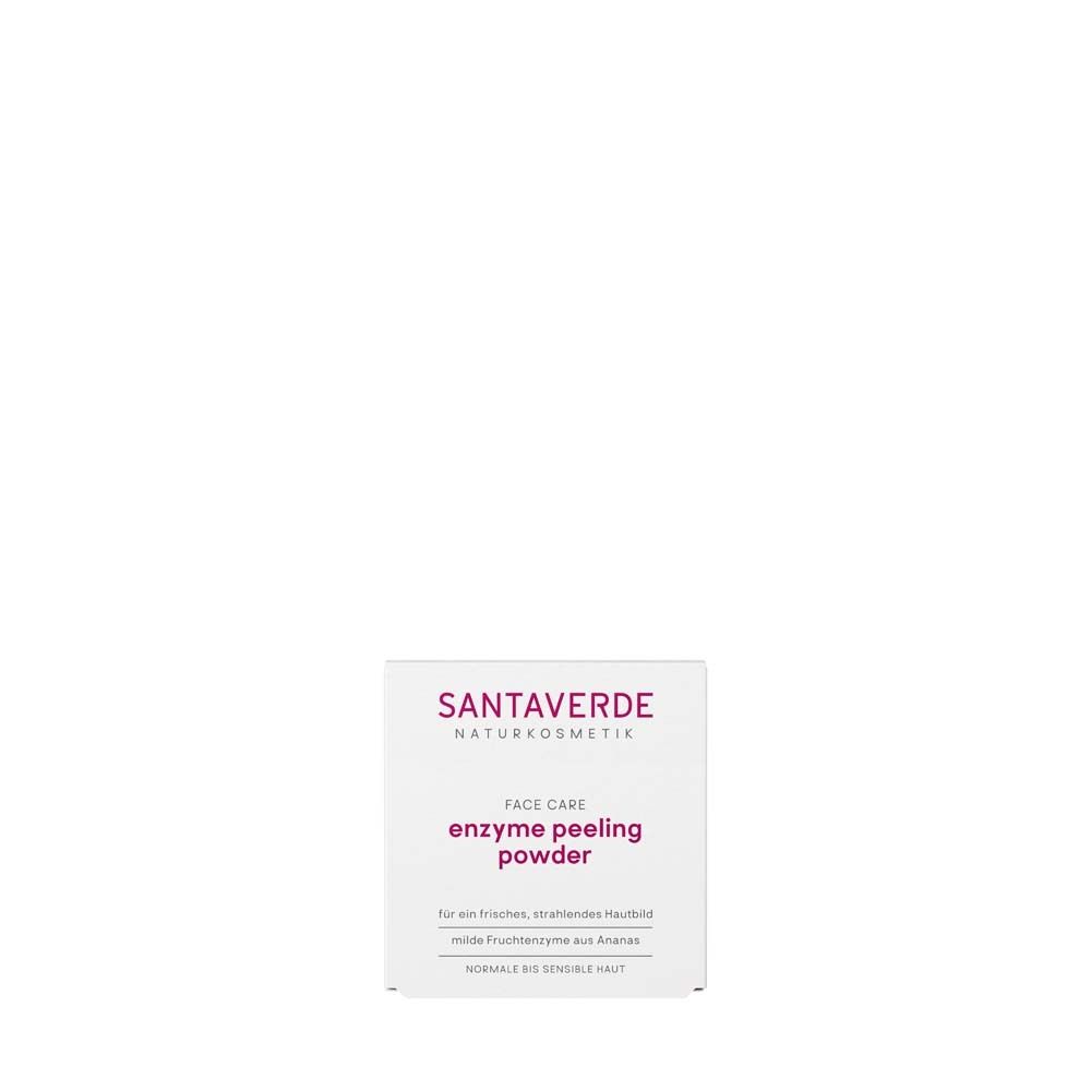 Karton mit SANTAVERDE enzyme peeling powder. Text: Für frisches Hautbild, Fruchtenzyme aus Ananas.