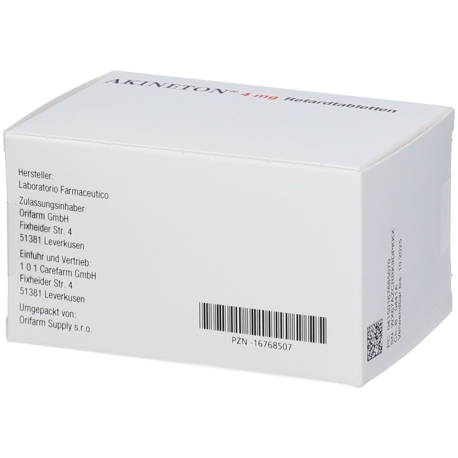 Weiße Kartonverpackung. Rückseite mit Herstellerinformationen, Barcode und PZN-Nummer. Text: Laboratorio Farmaceutico, Orifarm GmbH.
