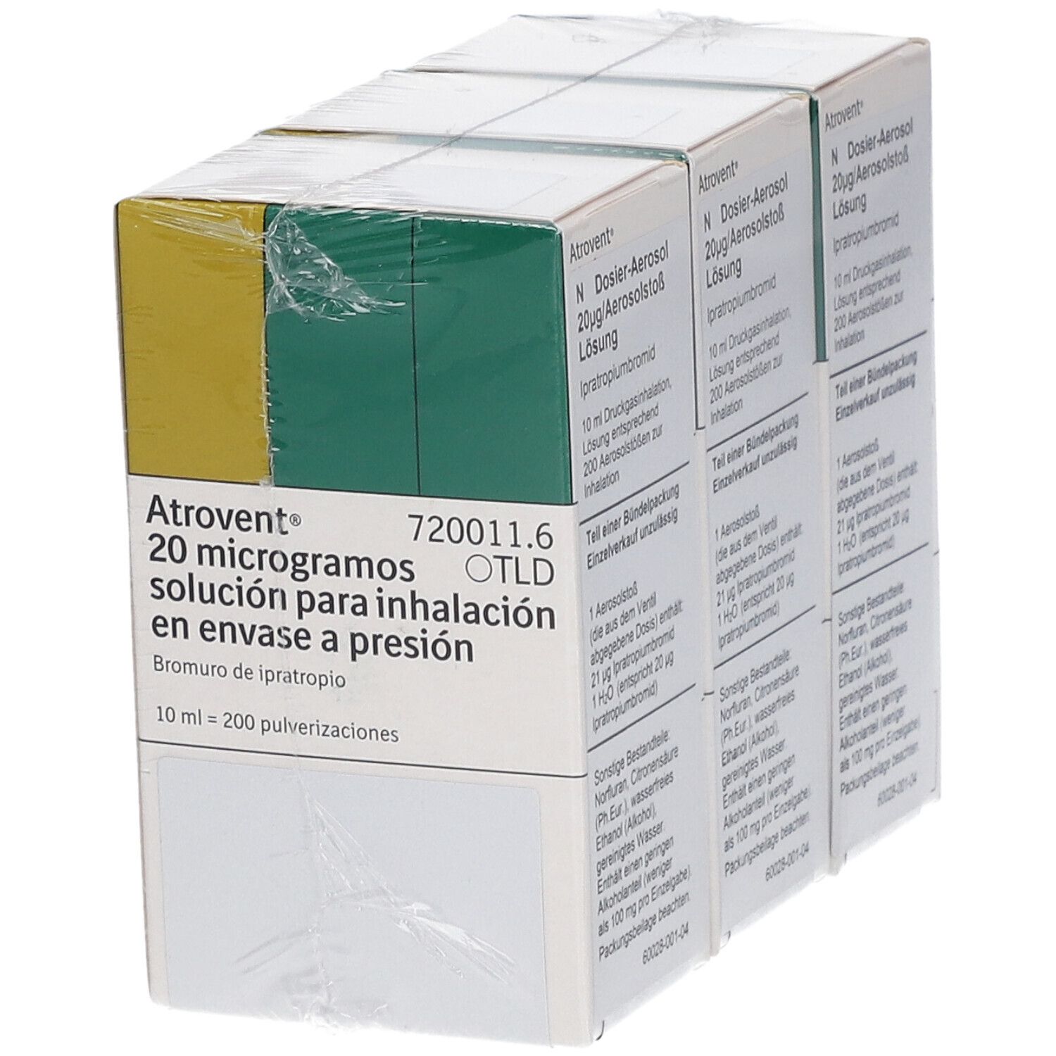 Verpackung von Atrovent 20 Mikrogramm, Lösung zur Inhalation. Mehrere Schachteln in Folie verpackt.