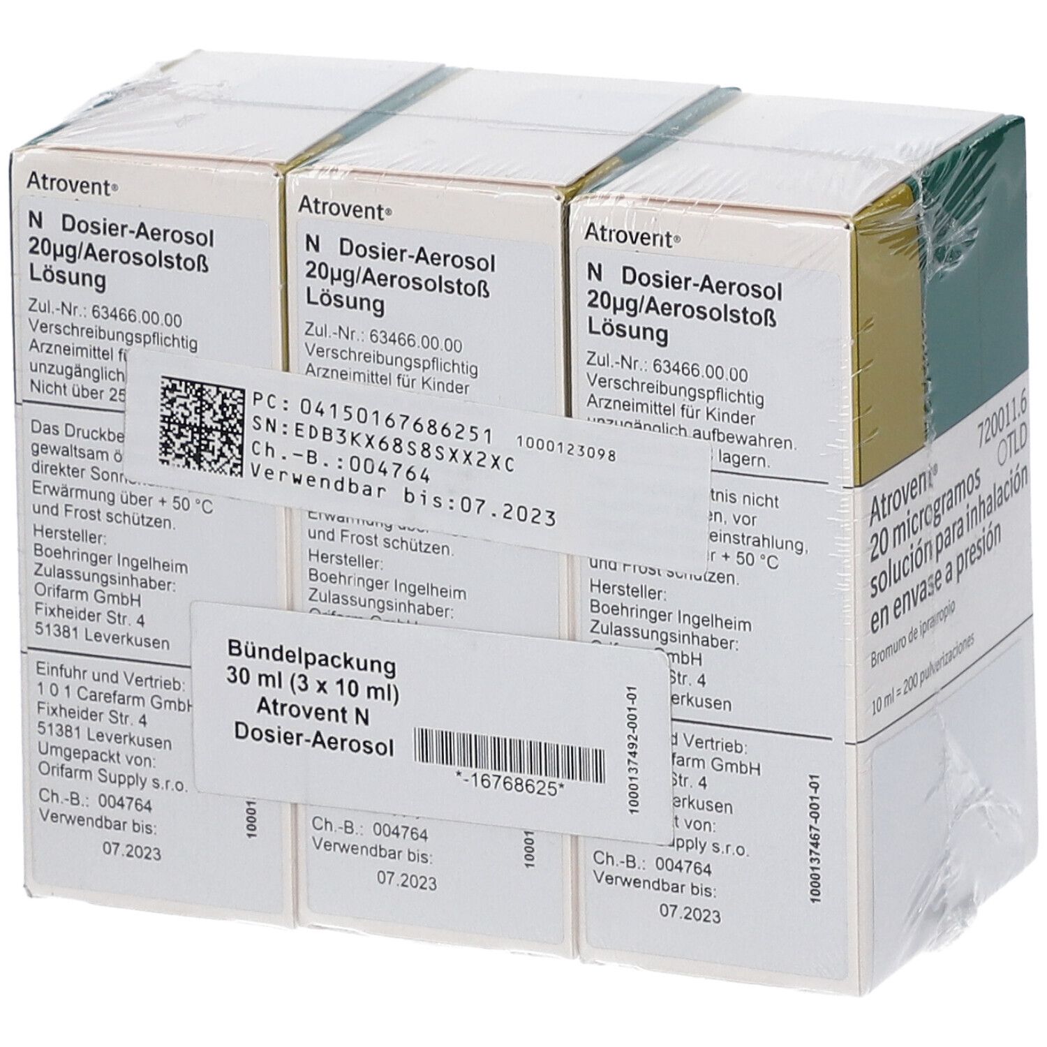 Verpackung von Atrovent N Dosier-Aerosol. Mehrere Schachteln in Folie verpackt. Aufdrucke mit Produktinformationen.