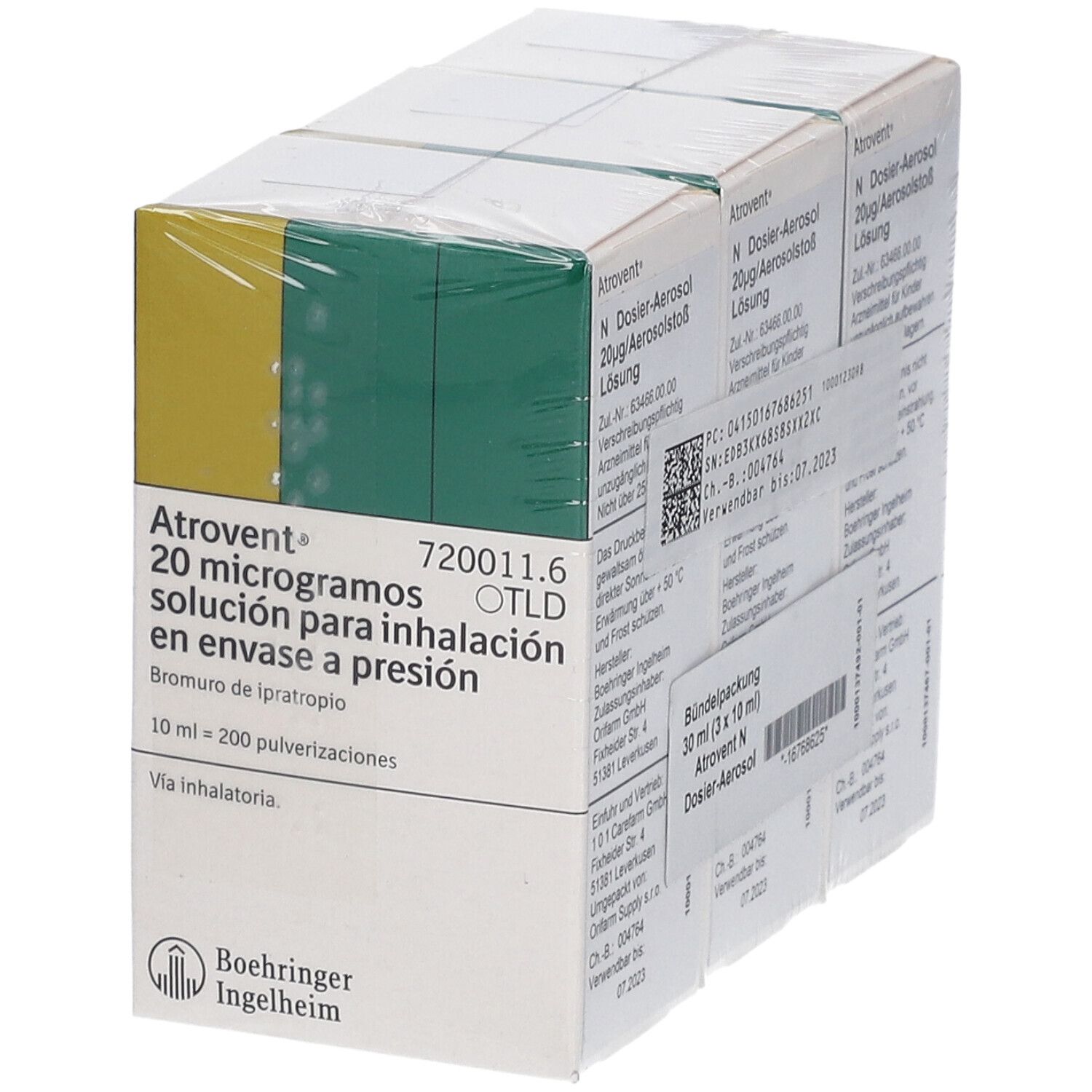 Verpackung von Atrovent 20 Mikrogramm, Lösung zur Inhalation. Mehrere Schachteln in Folie verpackt.