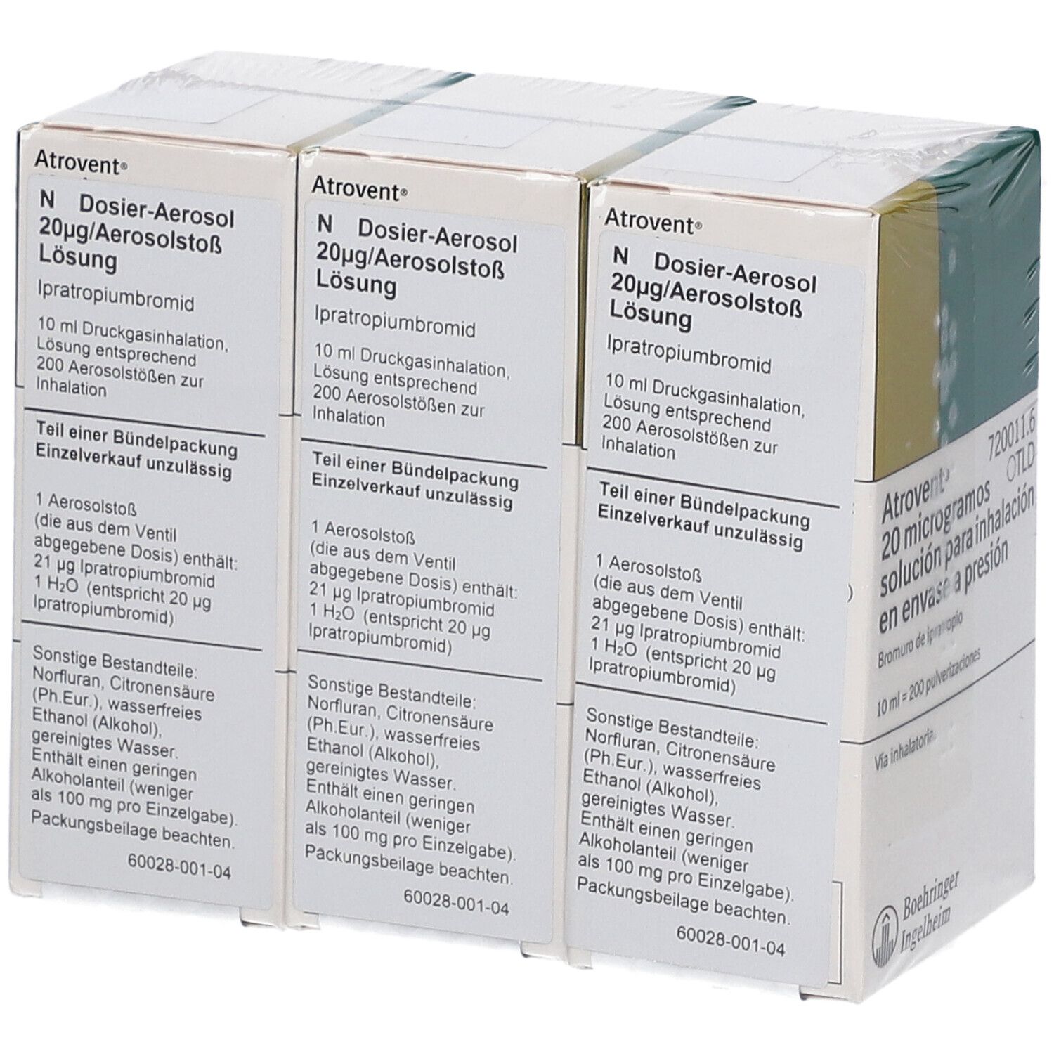 Drei Schachteln Atrovent N Dosier-Aerosol. Produktinformationen auf den Schachteln.