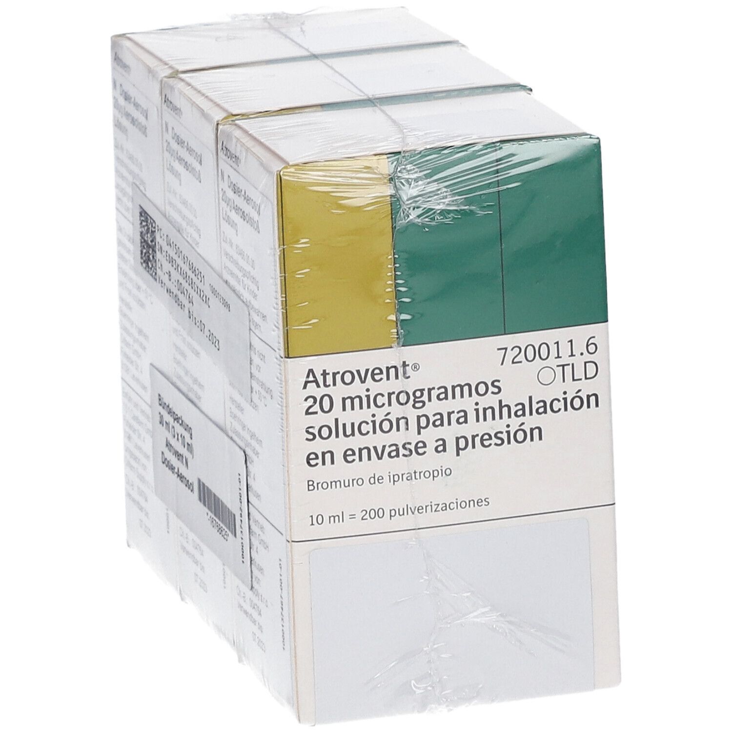 Verpackung von Atrovent 20 Mikrogramm, Lösung zur Inhalation. Mehrere Schachteln in Folie verpackt.