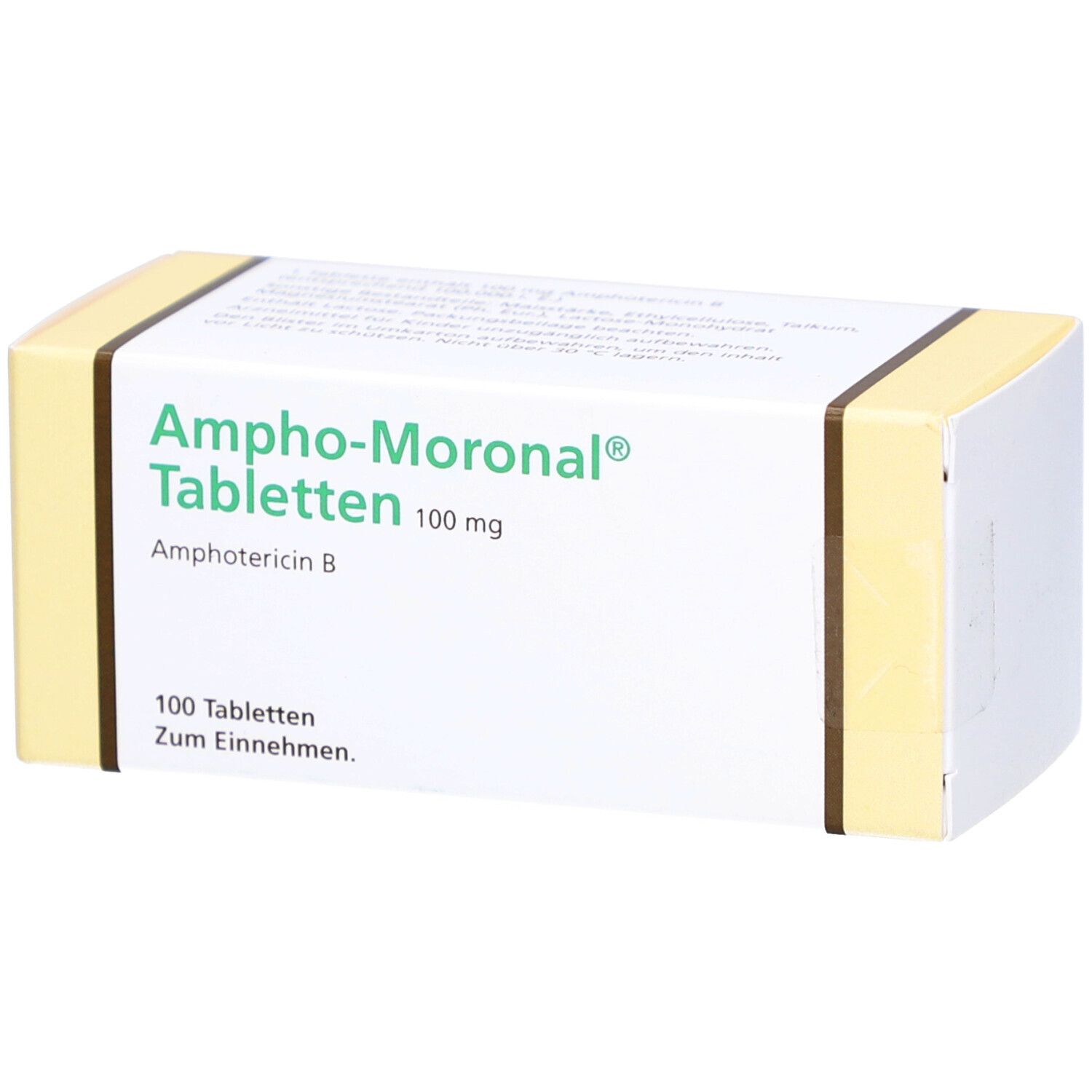 Schachtel mit "Ampho-Moronal Tabletten 100 mg". 100 Tabletten. Zum Einnehmen. Gelb-weiße Verpackung.