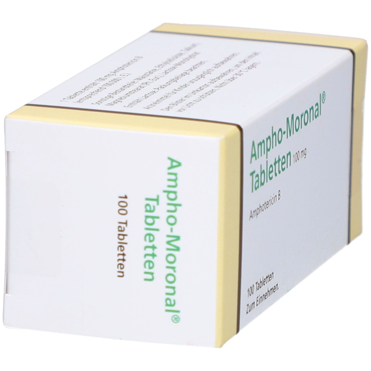 Schachtel "Ampho-Moronal Tabletten 100 mg". 100 Tabletten. Gelb-weiße Verpackung. Aufschrift "Ampho-Moronal Tabletten".