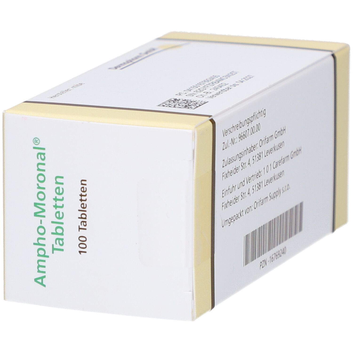 Schachtel "Ampho-Moronal Tabletten". Text und Barcode. Gelb-weiße Verpackung. "100 Tabletten".