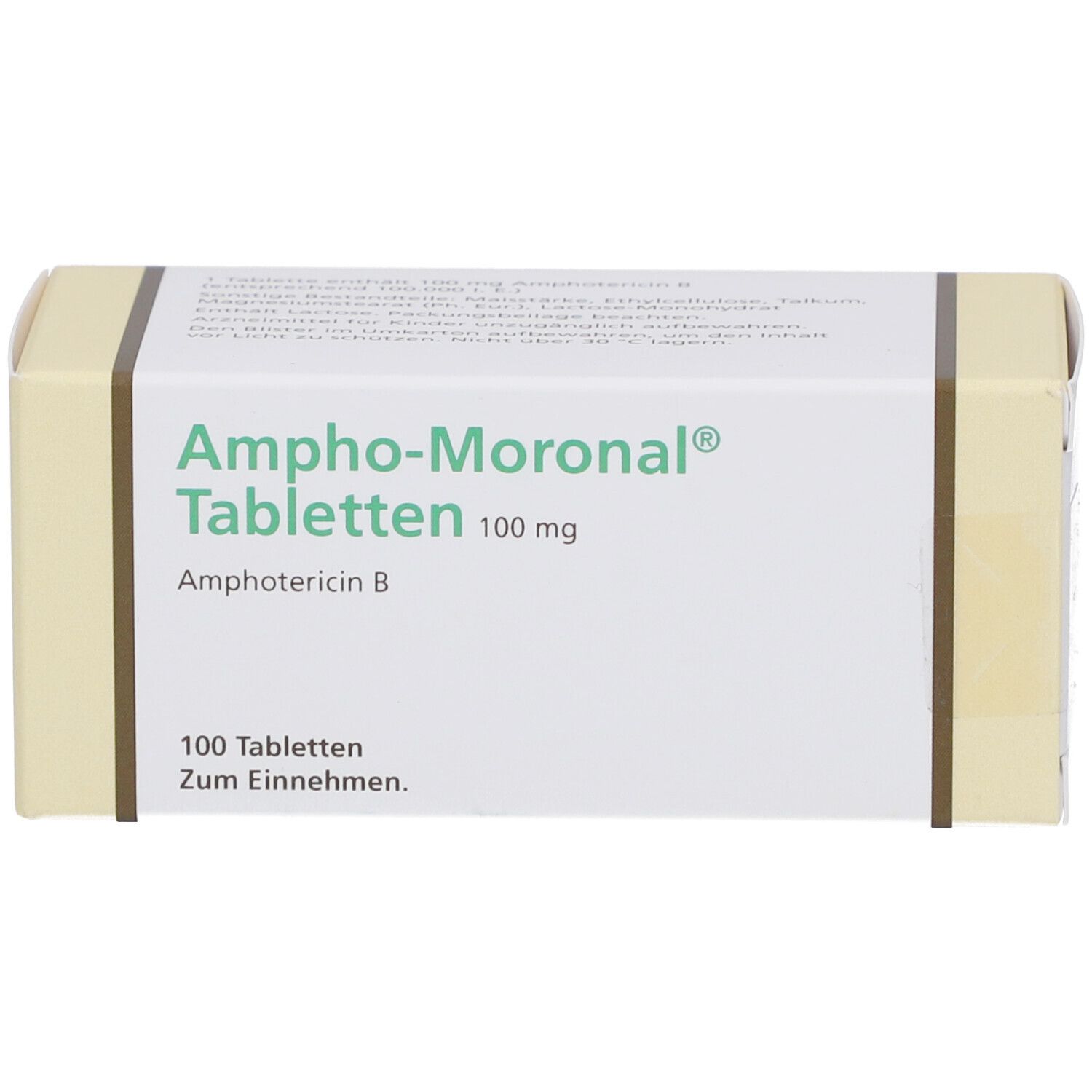 Schachtel "Ampho-Moronal Tabletten 100 mg". 100 Tabletten. Gelb-weiße Verpackung. Aufschrift "Zum Einnehmen".