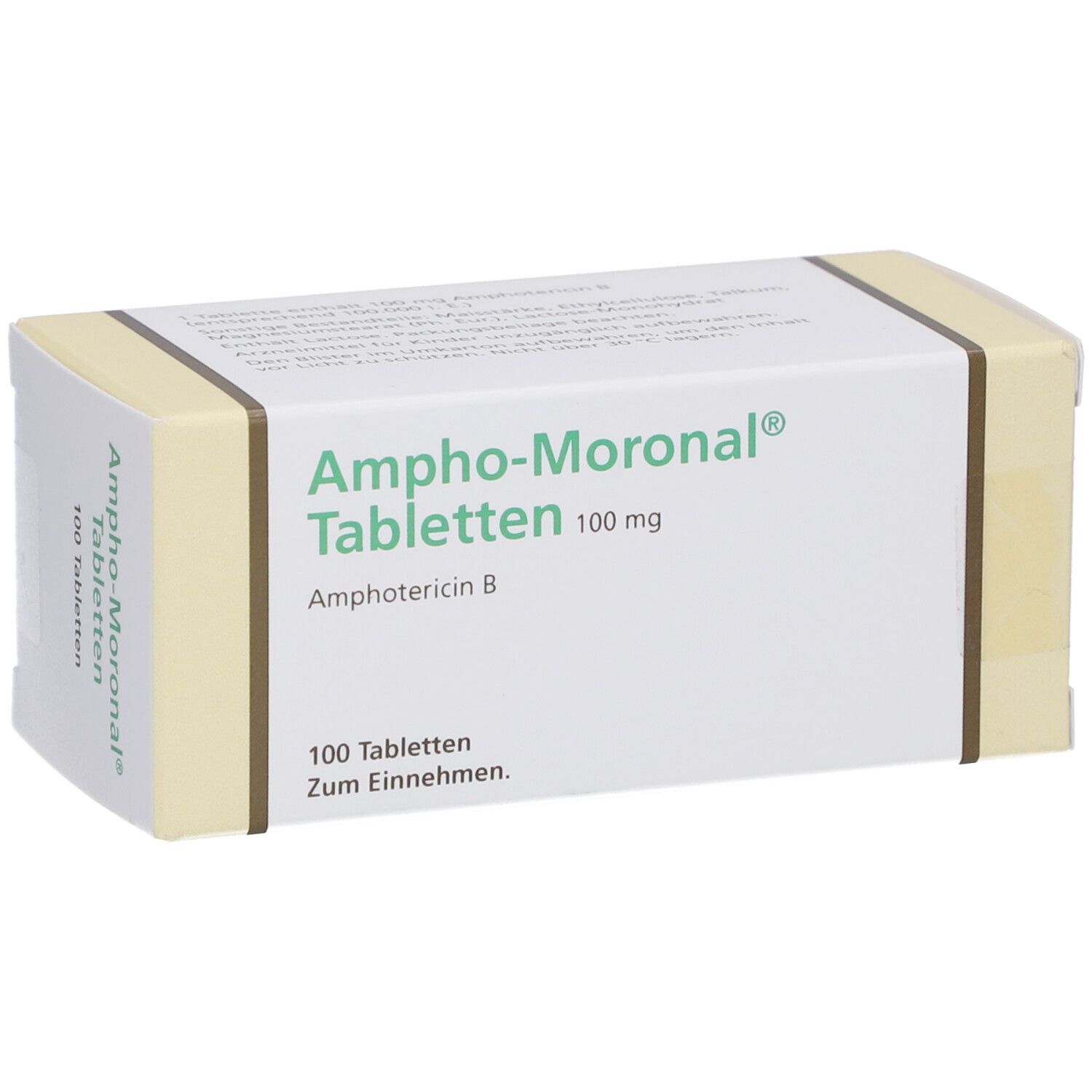 Schachtel "Ampho-Moronal Tabletten 100 mg". 100 Tabletten. Gelb-weiße Verpackung. Aufschrift.