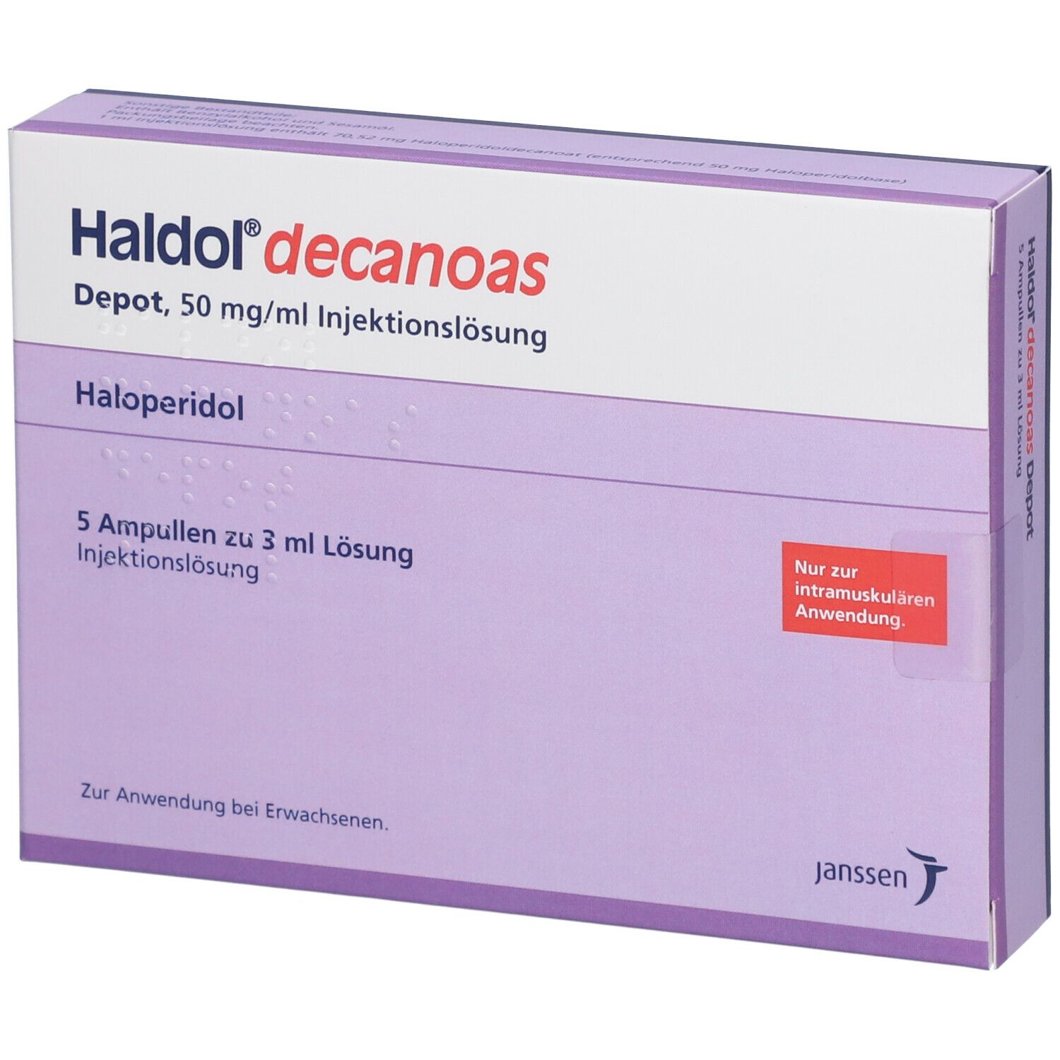 Verpackung von Haldol® decanoas. Enthält 5 Ampullen mit 3 ml Injektionslösung. Nur zur intramuskulären Anwendung.