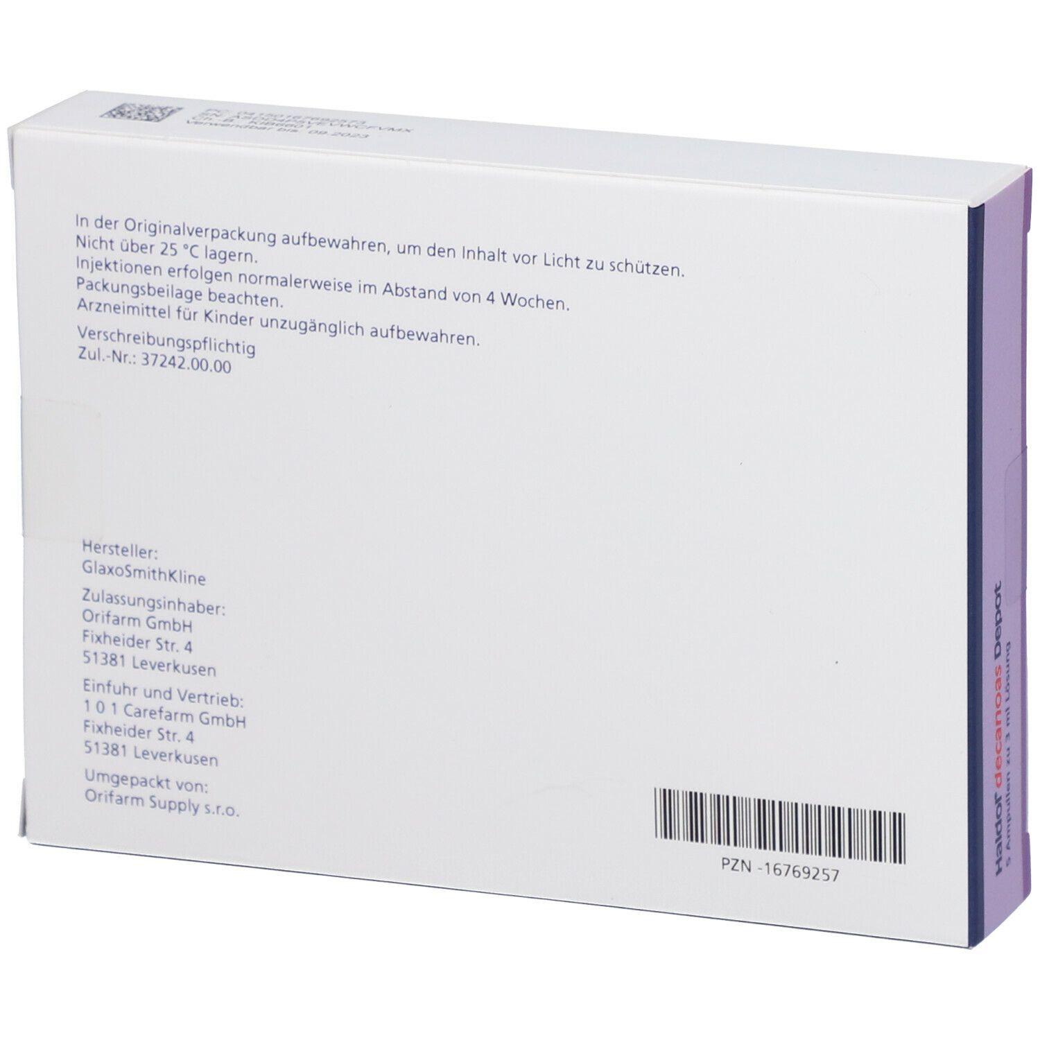 Rückseite der Verpackung von Haldol® decanoas. Enthält Informationen zu Lagerung, Hersteller und Chargennummer.
