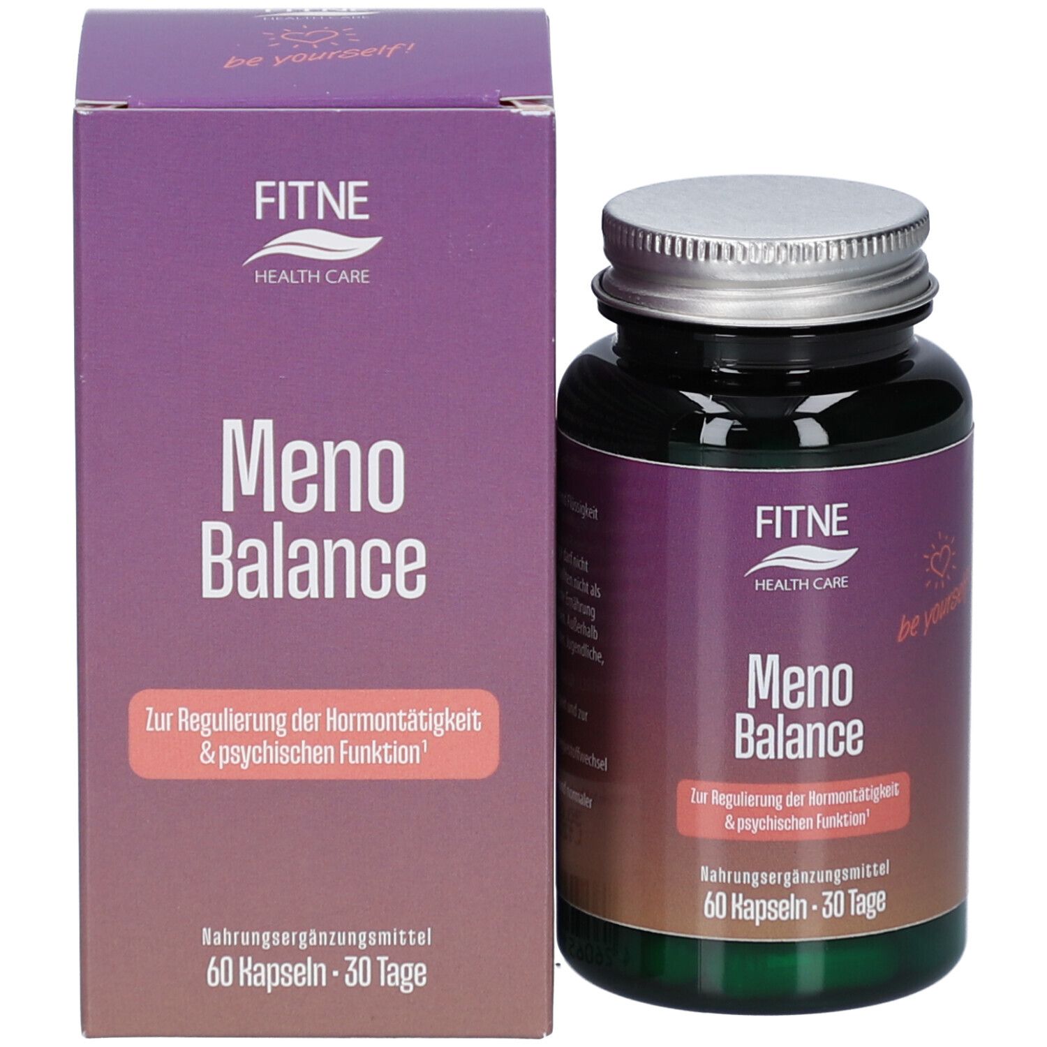 Braune Glasflasche und Schachtel. Aufschrift: FITNE Health Care. Meno Balance. 60 Kapseln. Text auf Deutsch.