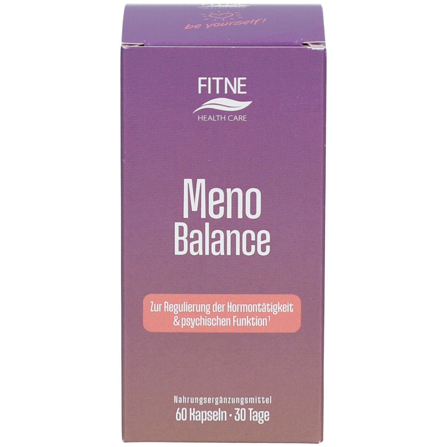 Schachtel mit Aufschrift: FITNE Health Care. Meno Balance. 60 Kapseln. Text auf Deutsch.