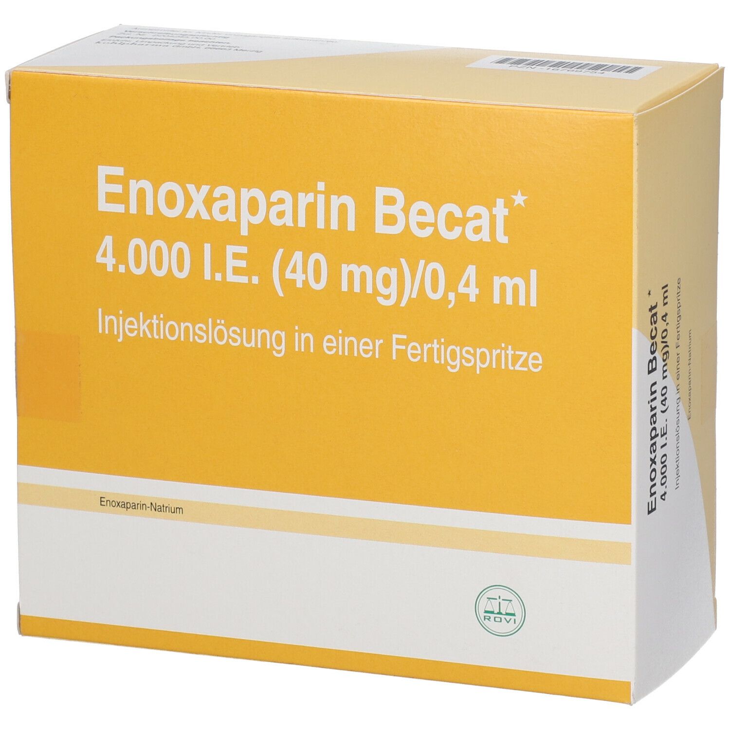 Verpackung von Enoxaparin Becat. Aufschrift: 4.000 I.E. (40 mg)/0,4 ml Injektionslösung in einer Fertigspritze.