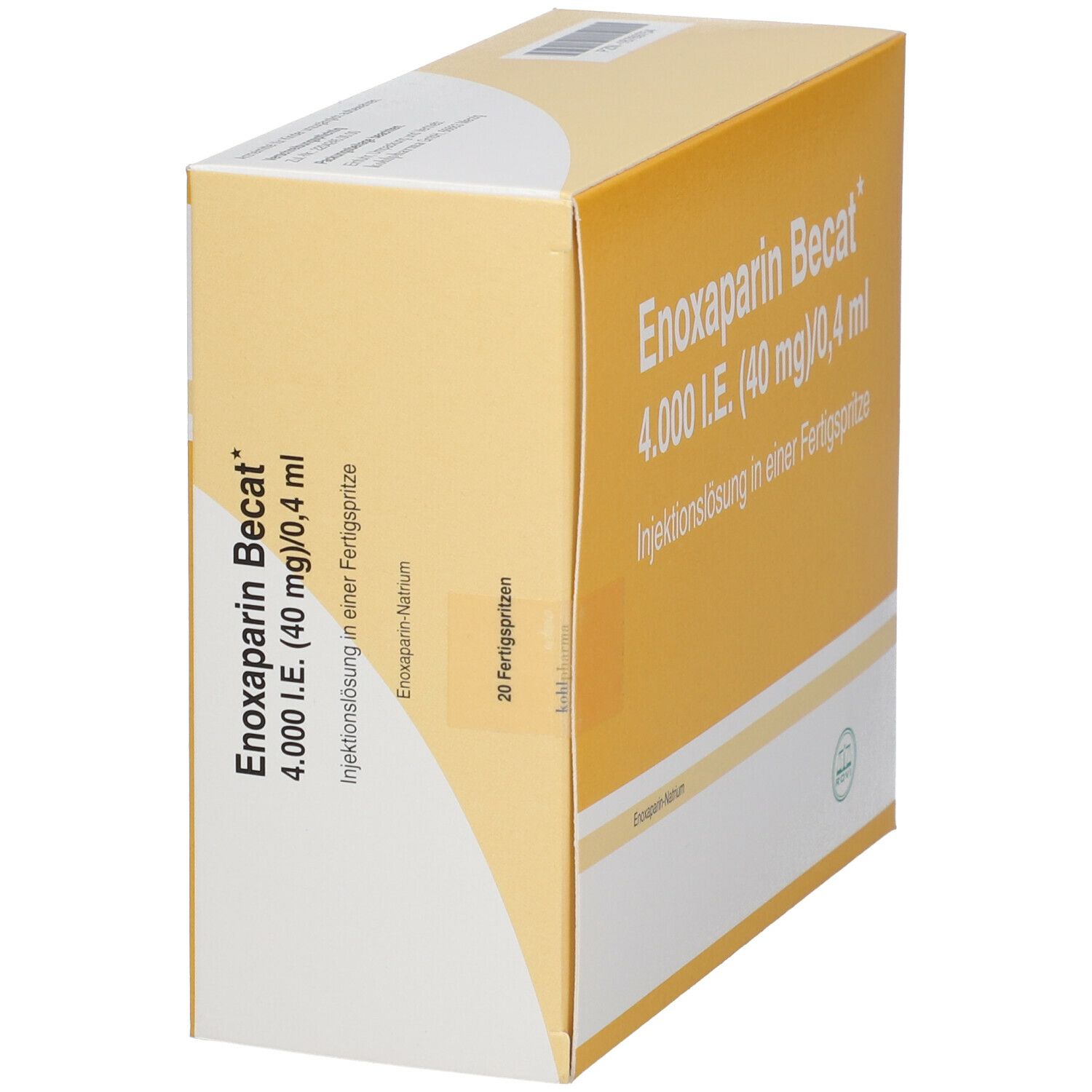 Seitenansicht der Verpackung von Enoxaparin Becat. Aufschrift: 4.000 I.E. (40 mg)/0,4 ml Injektionslösung in einer Fertigspritze.