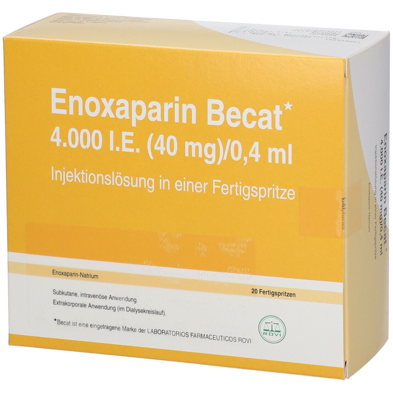 Verpackung von Enoxaparin Becat. Aufschrift: 4.000 I.E. (40 mg)/0,4 ml Injektionslösung in einer Fertigspritze. 20 Fertigspritzen.