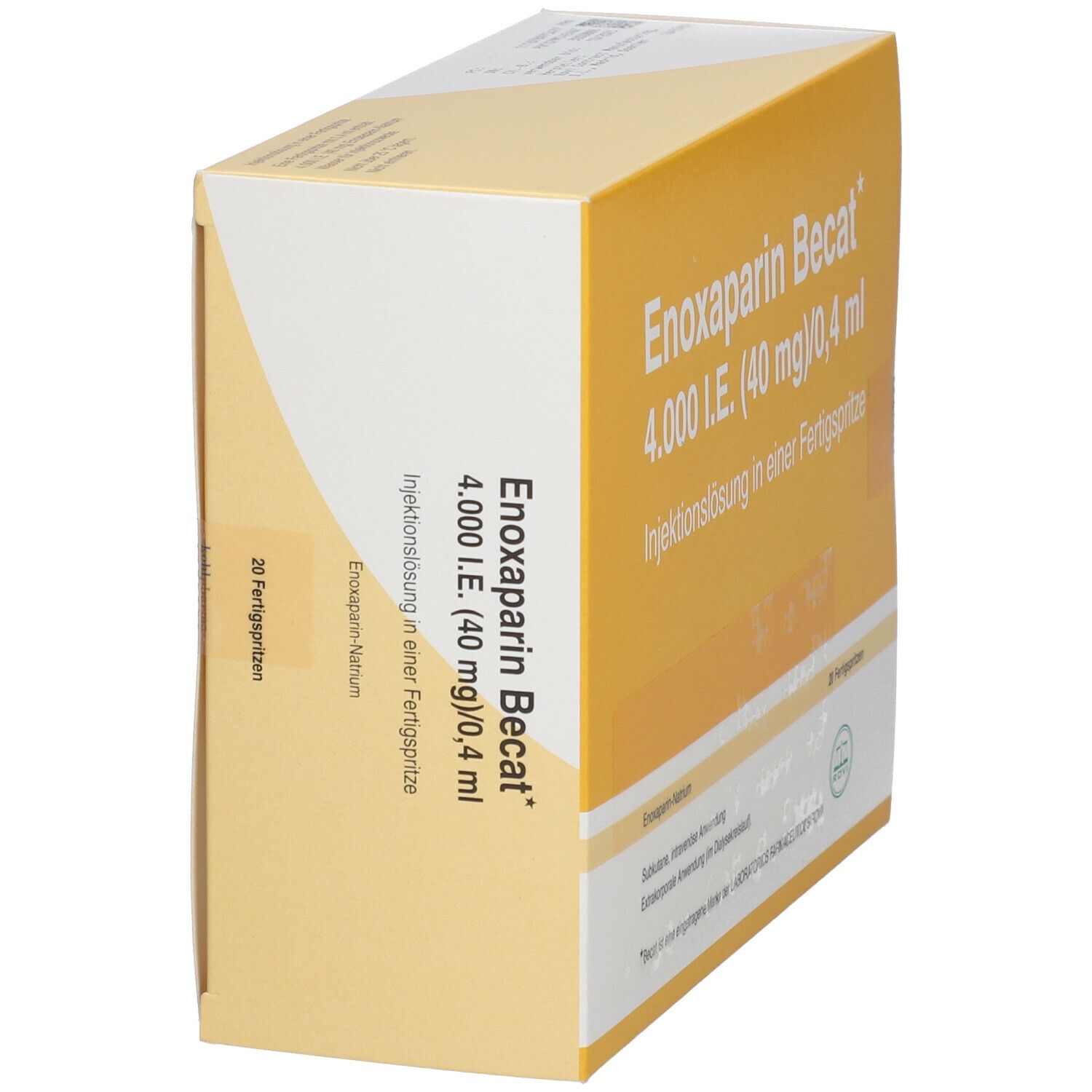 Schräge Seitenansicht der Verpackung von Enoxaparin Becat. Aufschrift: 4.000 I.E. (40 mg)/0,4 ml Injektionslösung in einer Fertigspritze.