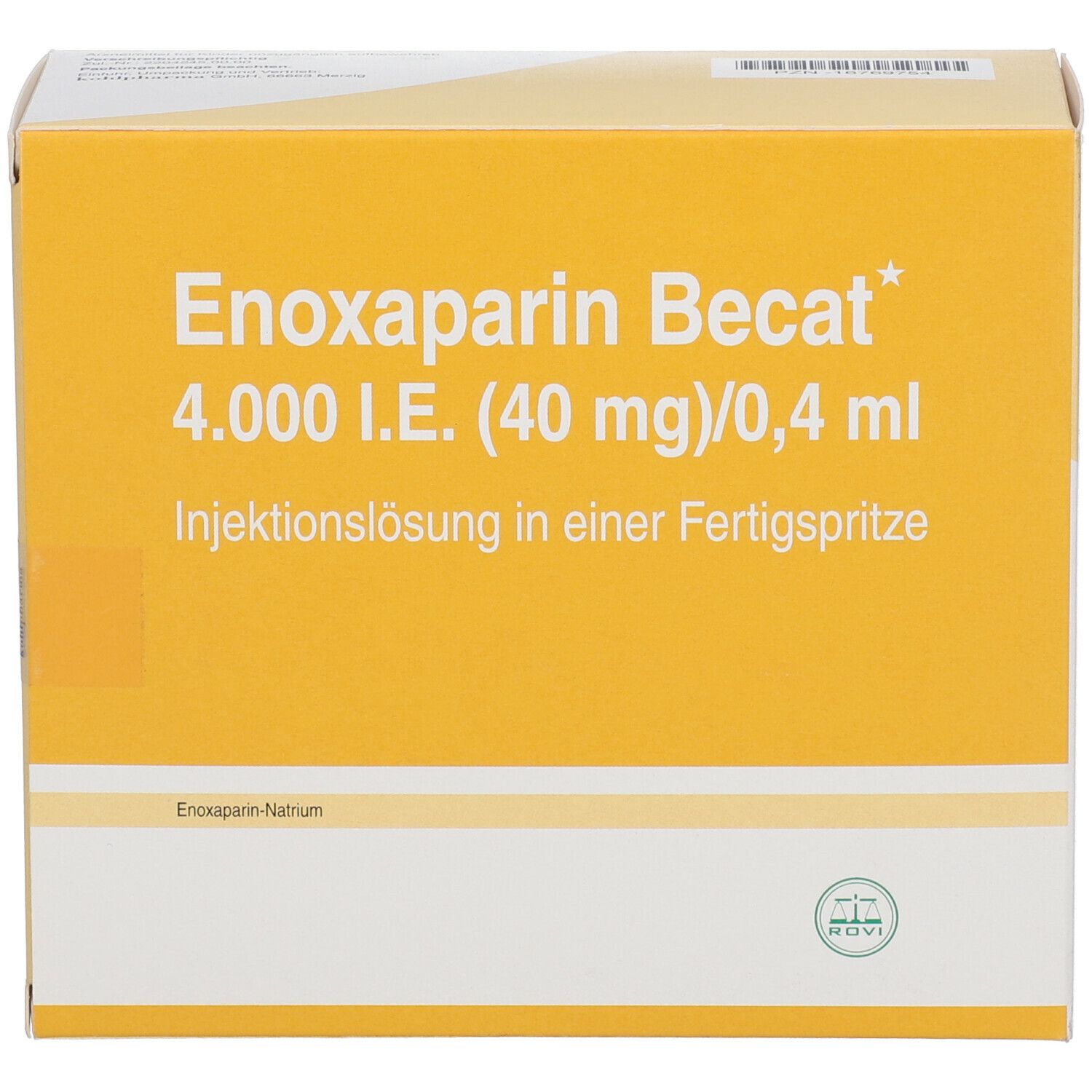 Verpackung von Enoxaparin Becat. Aufschrift: 4.000 I.E. (40 mg)/0,4 ml Injektionslösung in einer Fertigspritze. Logo.