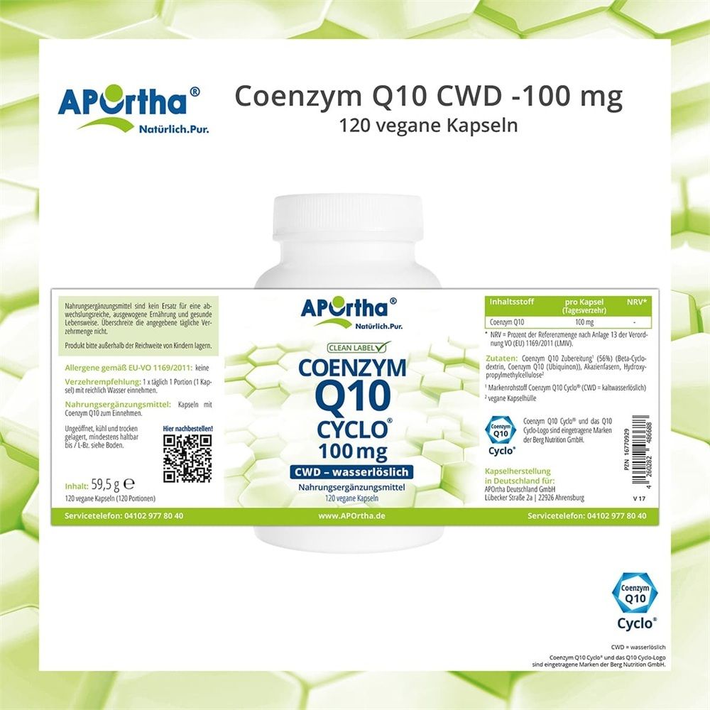 APOrtha Coenzym Q10 Cyclo 100 mg Flasche und Etikettendetails.