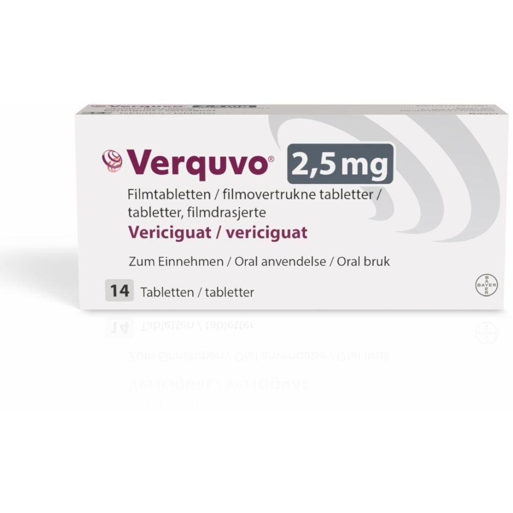 Verquvo 2,5 mg Filmtabletten-Packung. Enthält 14 Tabletten. Aufschrift: Vericiguat. Bayer-Logo.