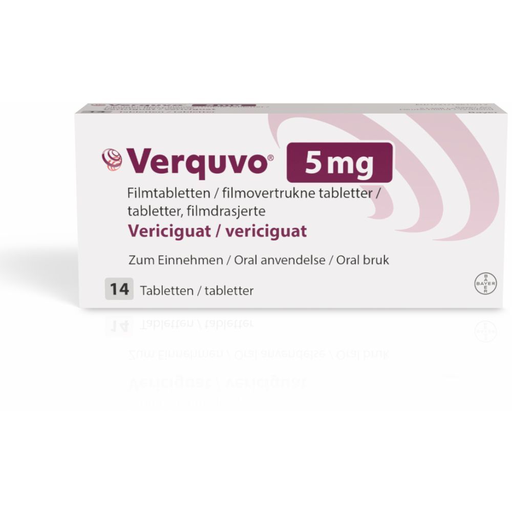 Verquvo® 5 mg Packung. Enthält 14 Tabletten. Aufschrift: Vericiguat. Bayer-Logo.