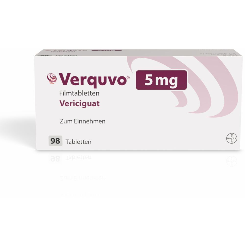 Verquvo® 5 mg-Packung. Weiße Schachtel mit Produktnamen, Dosierung und Inhaltsangabe. 98 Tabletten.