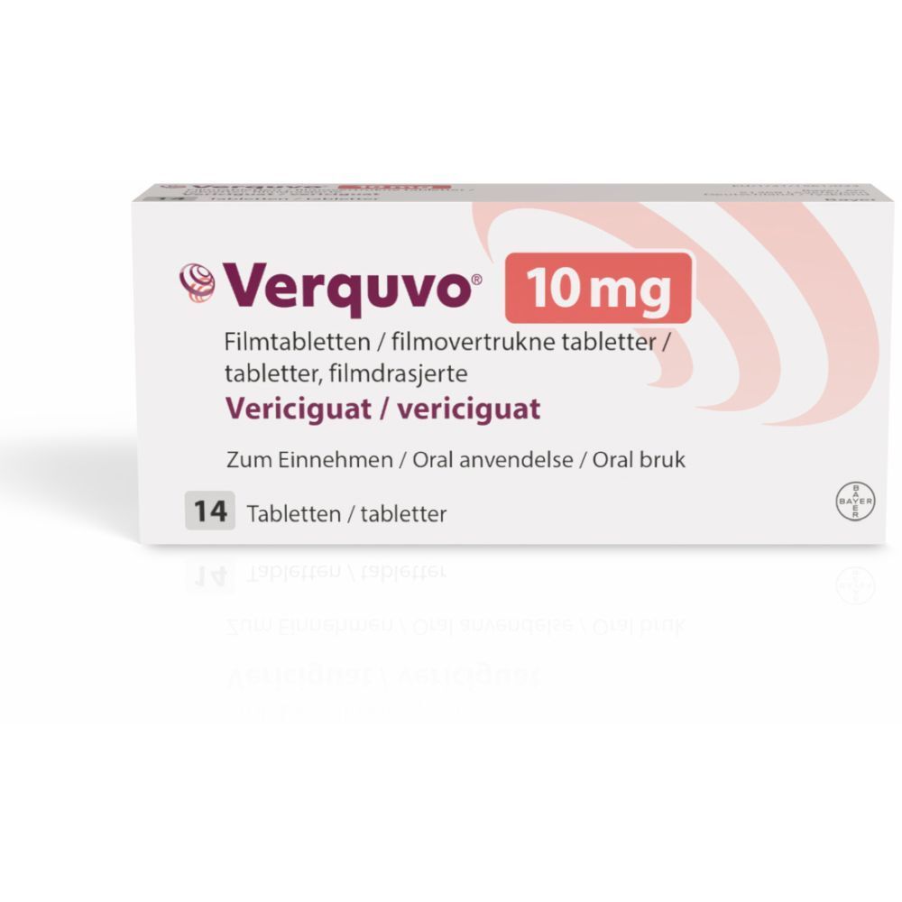 Verquvo 10 mg Packung. Weiße Schachtel mit roter Schrift. Enthält 14 Tabletten. Verquvo und 10 mg deutlich sichtbar.
