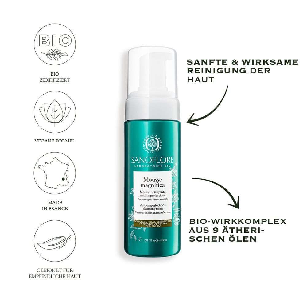 Grüne Flasche Sanoflore Mousse Magnifica. Text: Sanfte Reinigung der Haut.