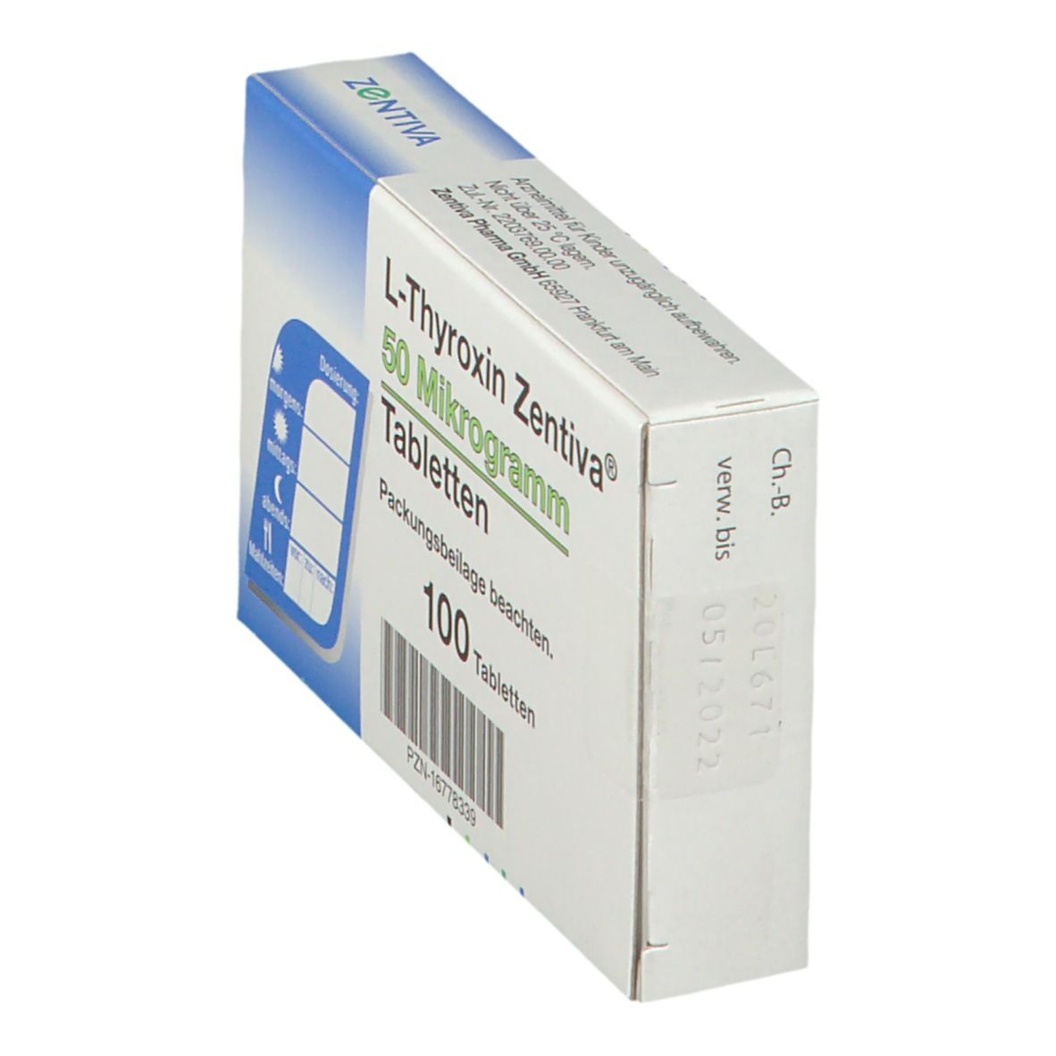 Schachtel L-Thyroxin Zentiva® 50 Mikrogramm Tabletten. 100 Tabletten. Weiße Tablette sichtbar. Winkelansicht. Verfallsdatum.