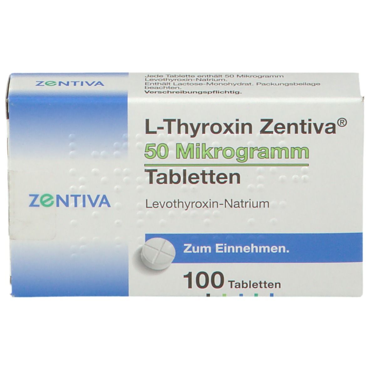 Schachtel L-Thyroxin Zentiva® 50 Mikrogramm Tabletten. 100 Tabletten. Aufschrift: Levothyroxin-Natrium. Weiße Tablette sichtbar.