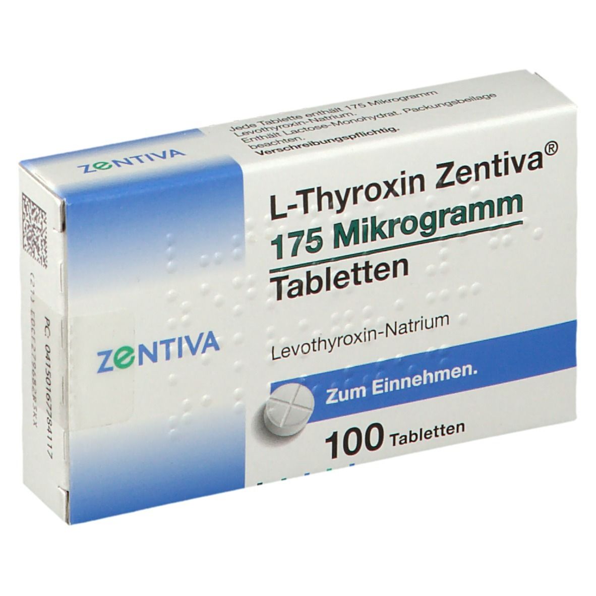 Schachtel L-Thyroxin Zentiva® 175 Mikrogramm Tabletten. Enthält 100 Tabletten. Aufschrift: Levothyroxin-Natrium.