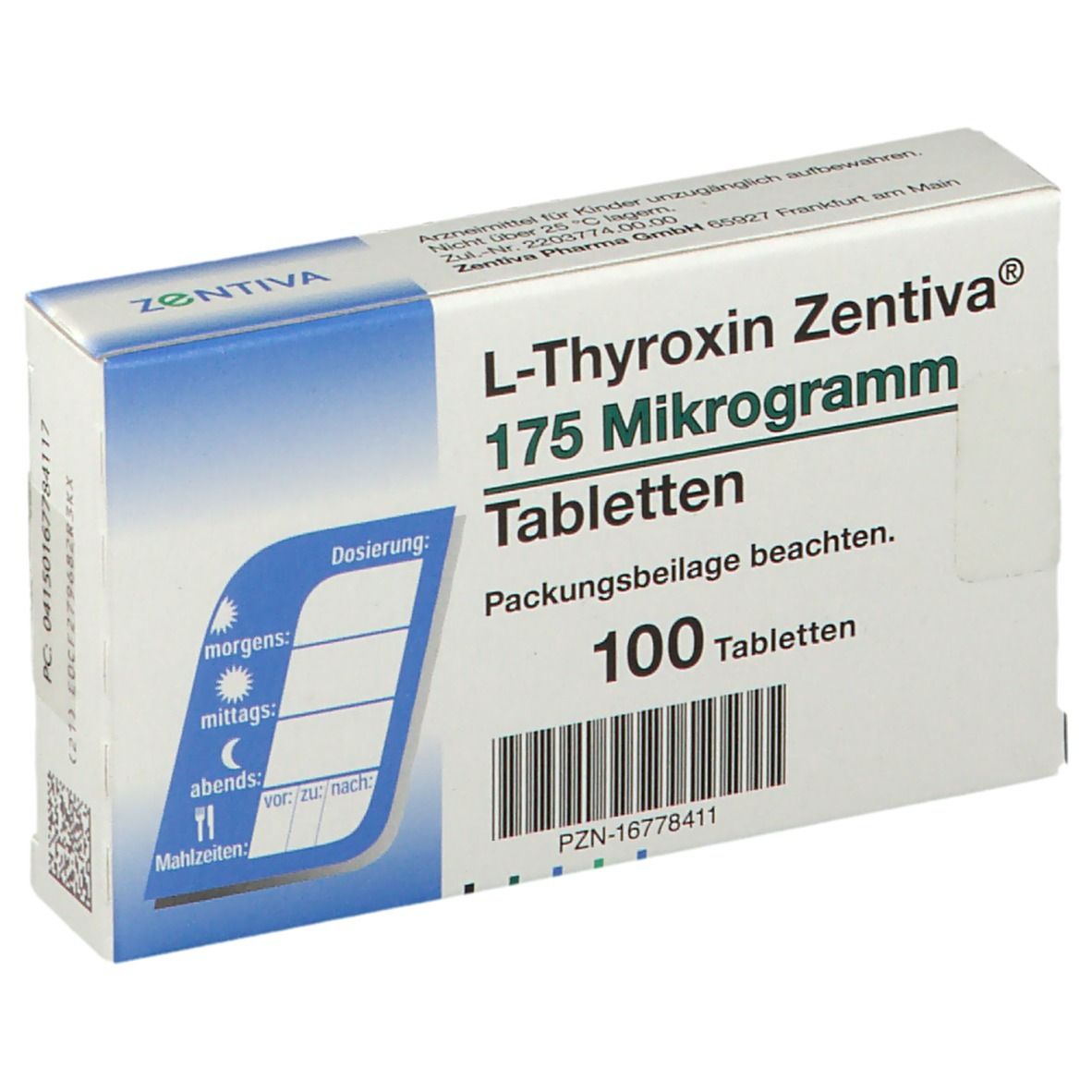 Schachtel L-Thyroxin Zentiva® 175 Mikrogramm Tabletten. Enthält 100 Tabletten. Mit Dosierungshinweisen und Barcode.